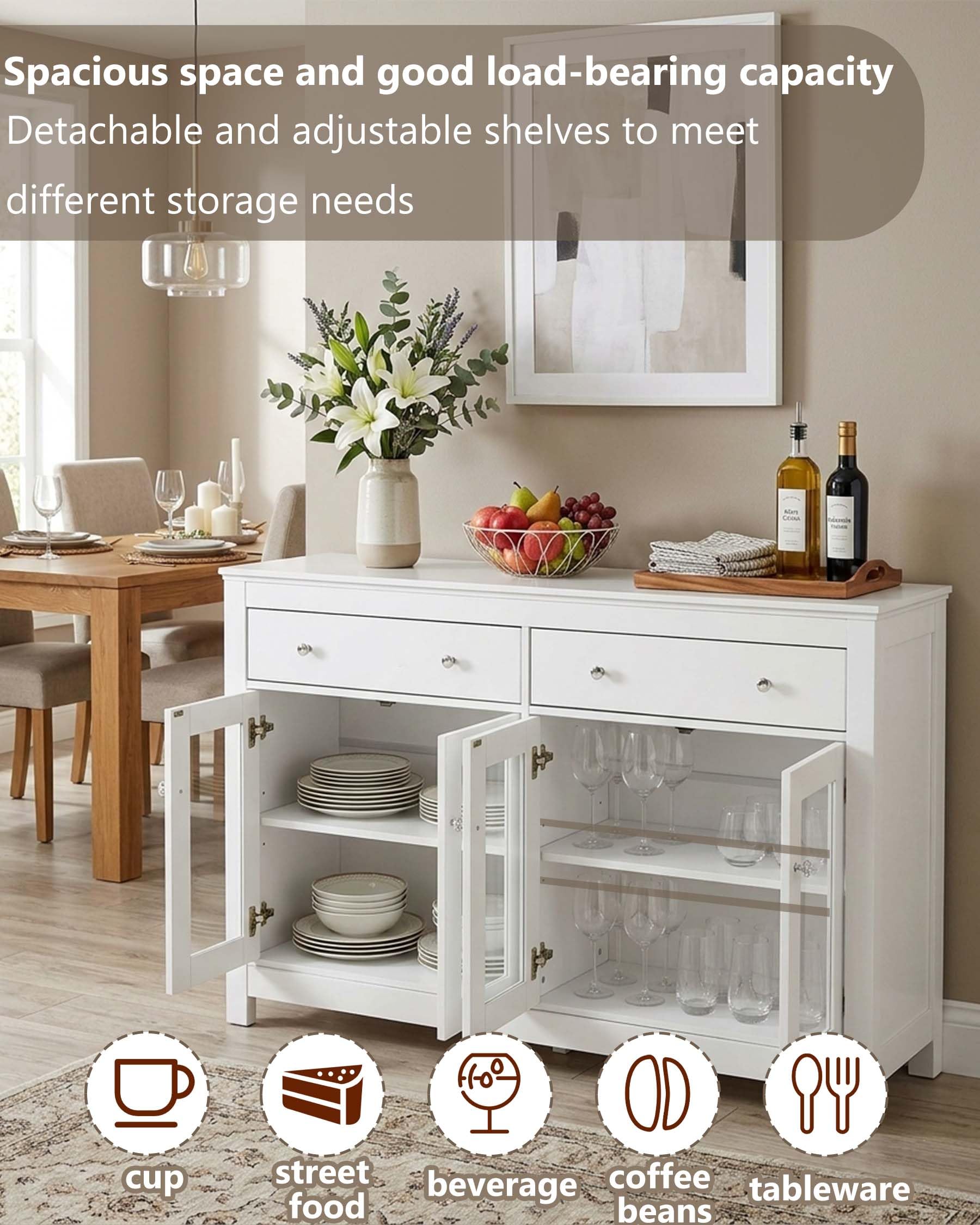 Aparador Blanco de Cocina, Mueble Auxiliar Moderno con Puertas de Vidrio y Alacena Grande con Cajones para Salón o Comedor 140x40x90.7cm
