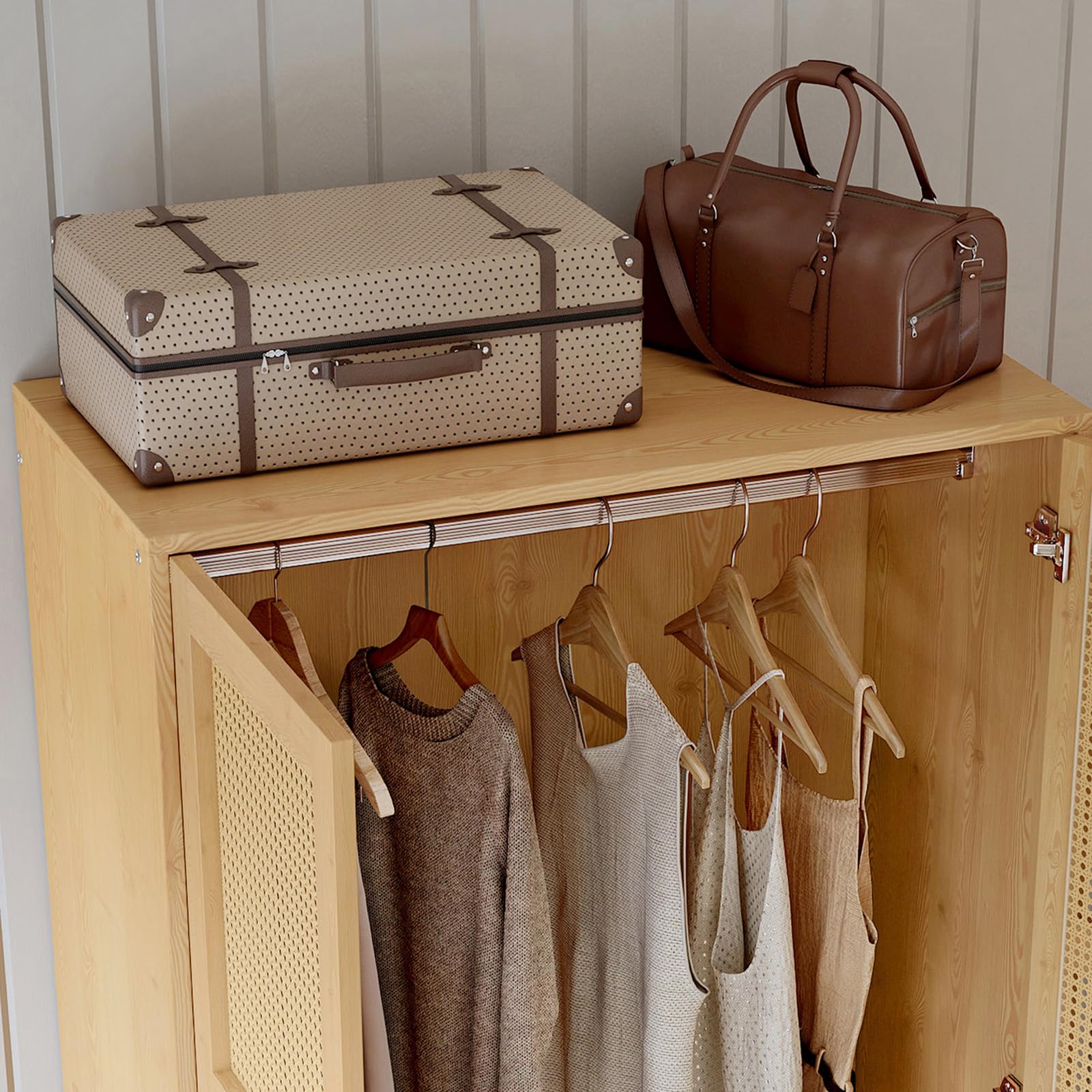 Armoire Chambre,Armoire avec penderie, Armoire 2 Portes, Chambre, Filet en rotin, Salon, avec Couvercle inférieur Rabattable, Panneaux de Particules et rotin PE