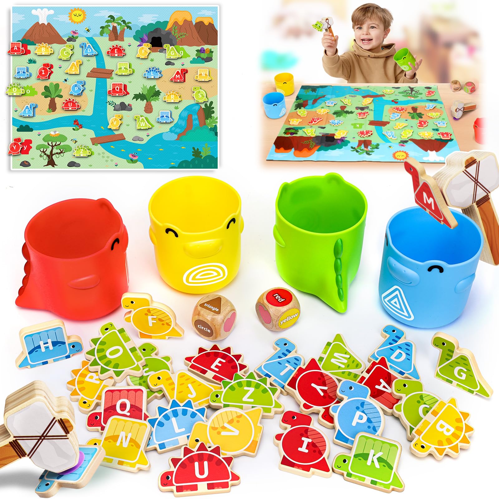 ZippyZoom Montessori Dinosaur Sorting Toddler Toys: Wooden Alphabet Matching Game for Toddlers 1-3