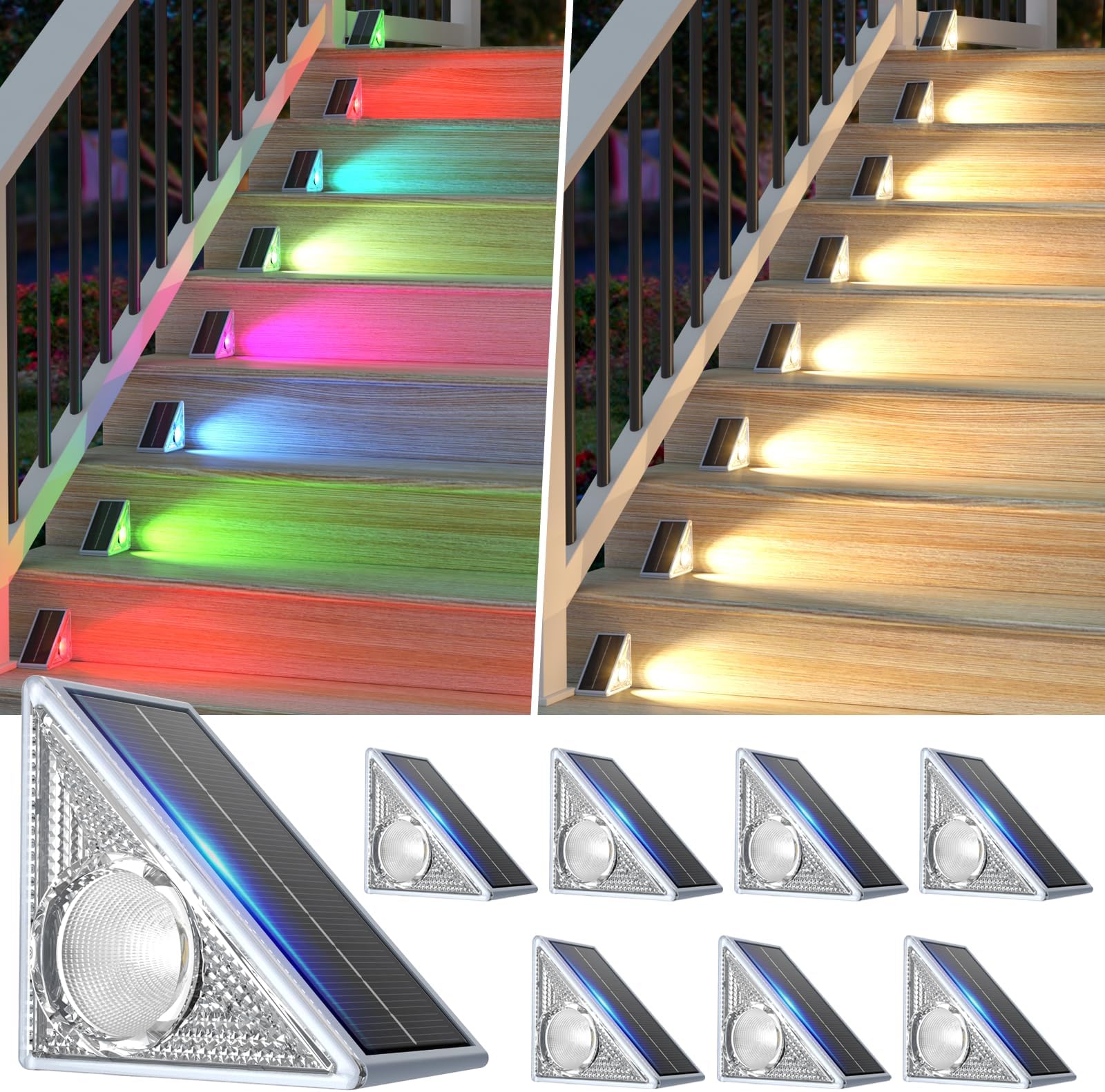 Solar Lights Outdoor 8 Pack, 10 Modes Lighting Solar Step Lights Outdoor Waterproof IP67, Outside Decor for Stair Deck Garden Yard Porch Patio