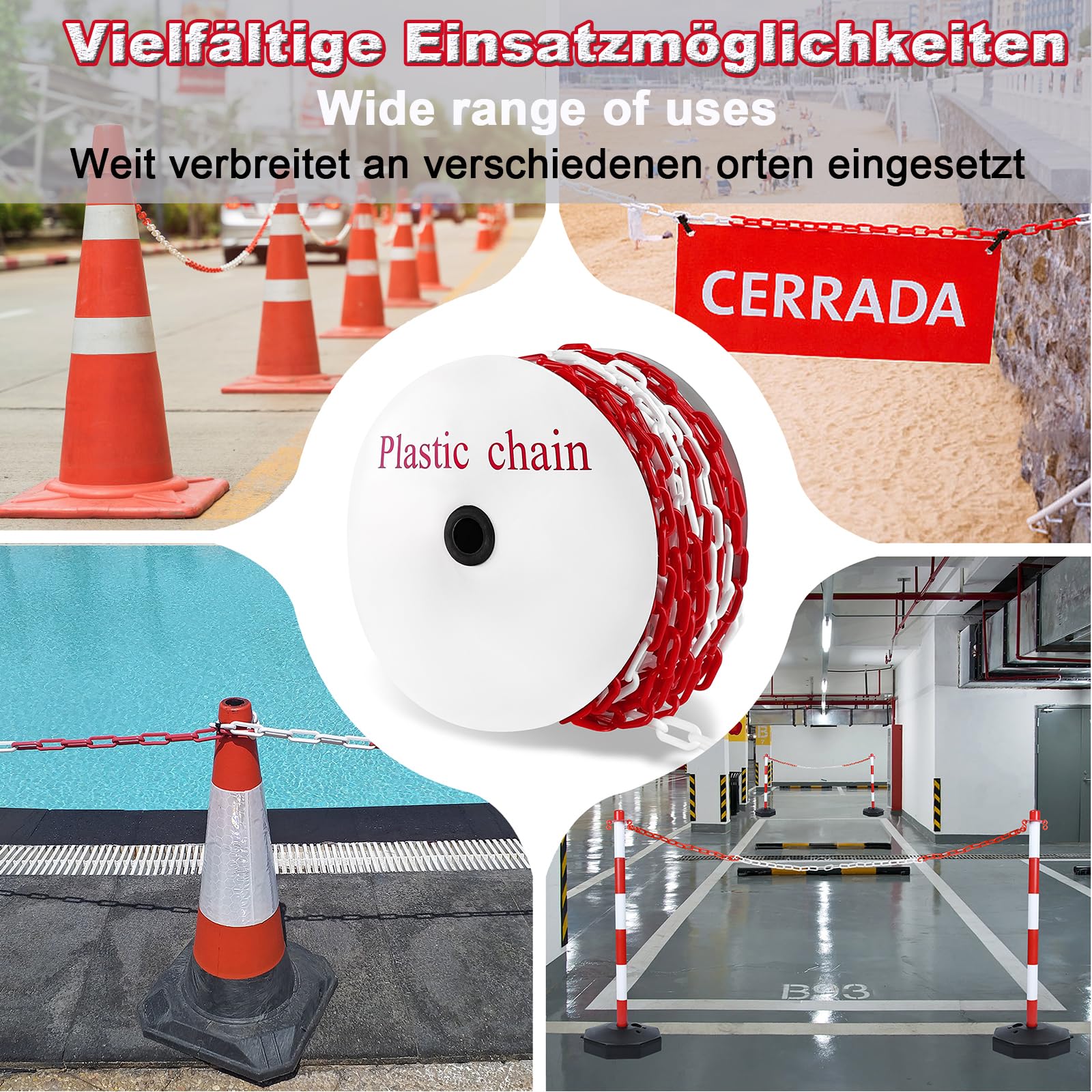 LZQ Catena di sicurezza per cantieri, catena di sicurezza e parcheggio, 50 m, in plastica, spessore 6 mm, catena di sicurezza