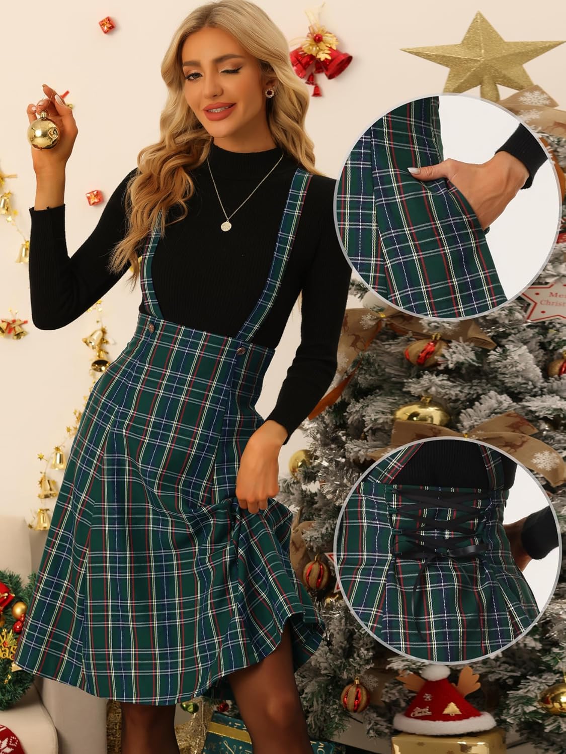 Allegra K Overall Plaid Dress for Women's Christmas Tartan Pinafore Suspender Skirt - Image 3