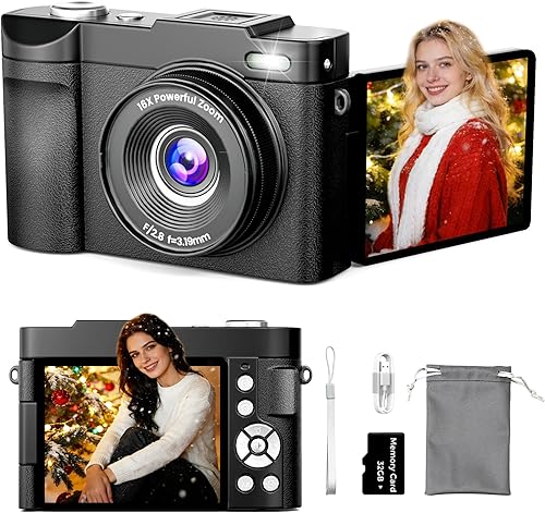 Cámara digital 4K para fotografía de enfoque automático, cámara compacta de 50 MP con pantalla abatible de 180°, zoom digital de 16X, cámara