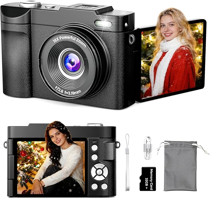4K Digital Camera for Photography Auto-Focus, Compact 50MP Camera with 180° Flip Screen, 16X Digital Zoom, Camara Fotografica with 32GB Card – Great for Vlogging and Learning Photography