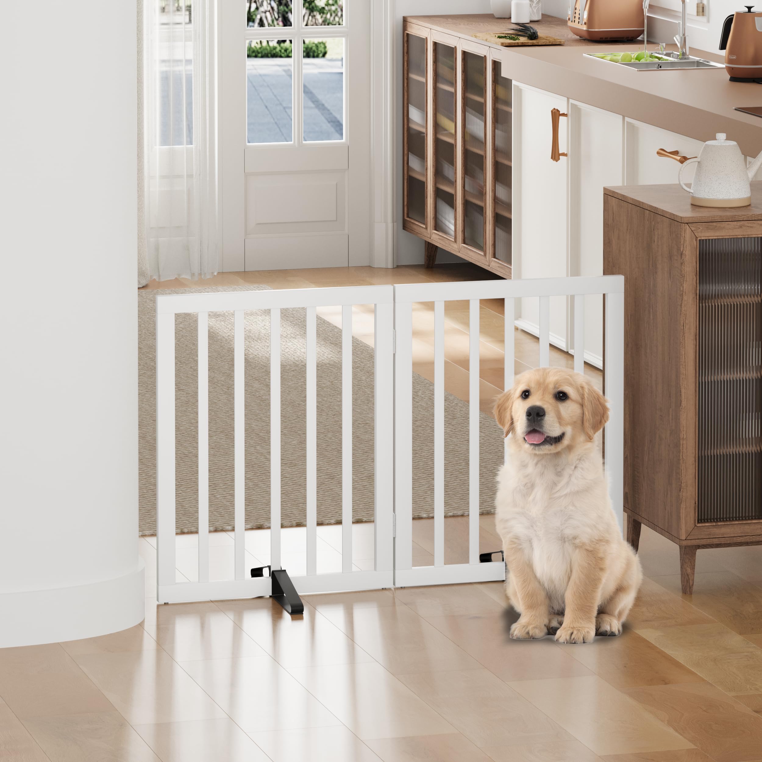 Dog Gates for Doorways, Foldable Dog Gate Indoor, Freestanding Pet Gates for Doorways Bedroom, Puppy Gate with Metal Support Feet, Room Divider 2 Panels (White) — view 7