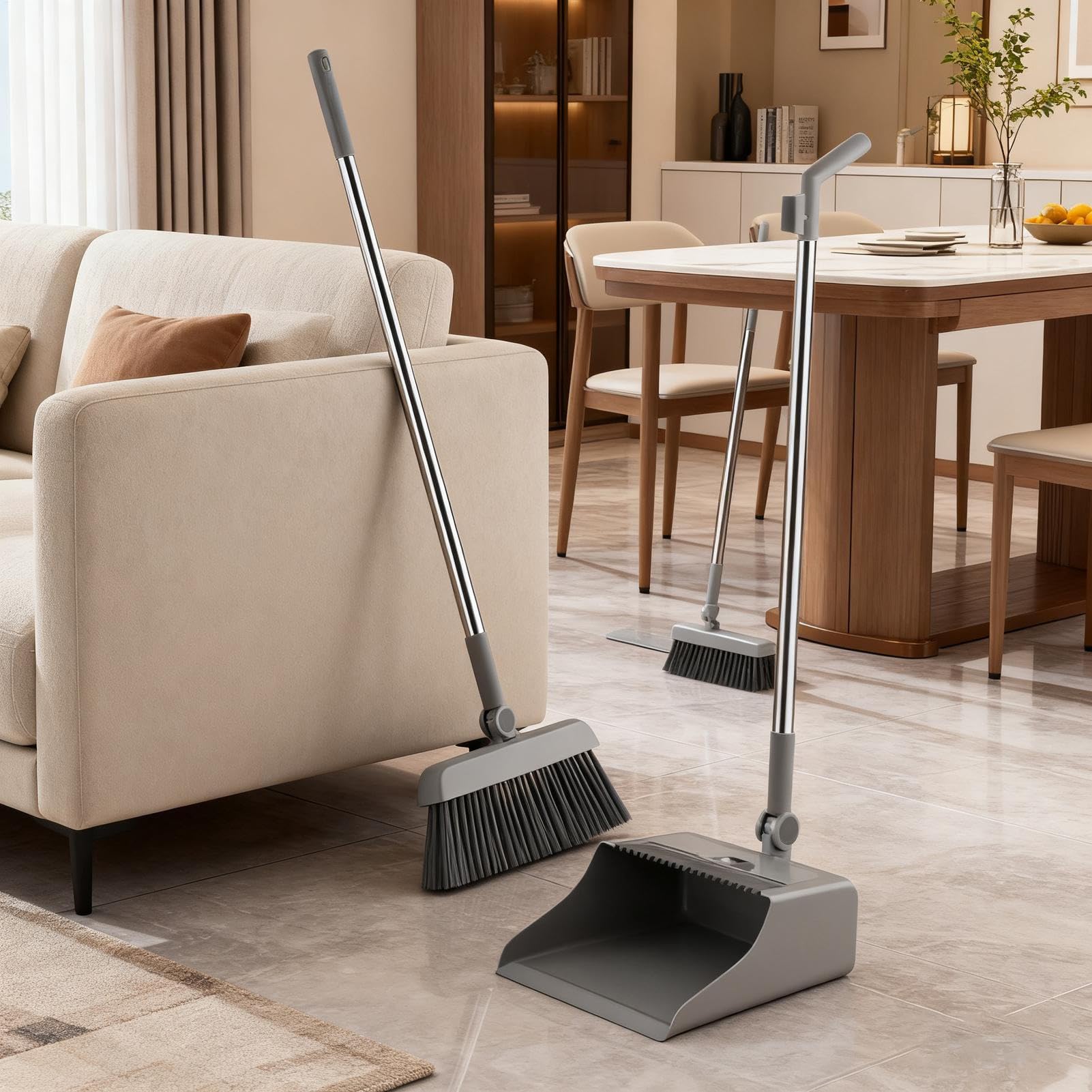 Scopa con , set combinato da 3 pezzi, in acciaio | Scopa con una paletta stabile per la pulizia di casa, cucina, appartamento, interni, esterni e pavimento