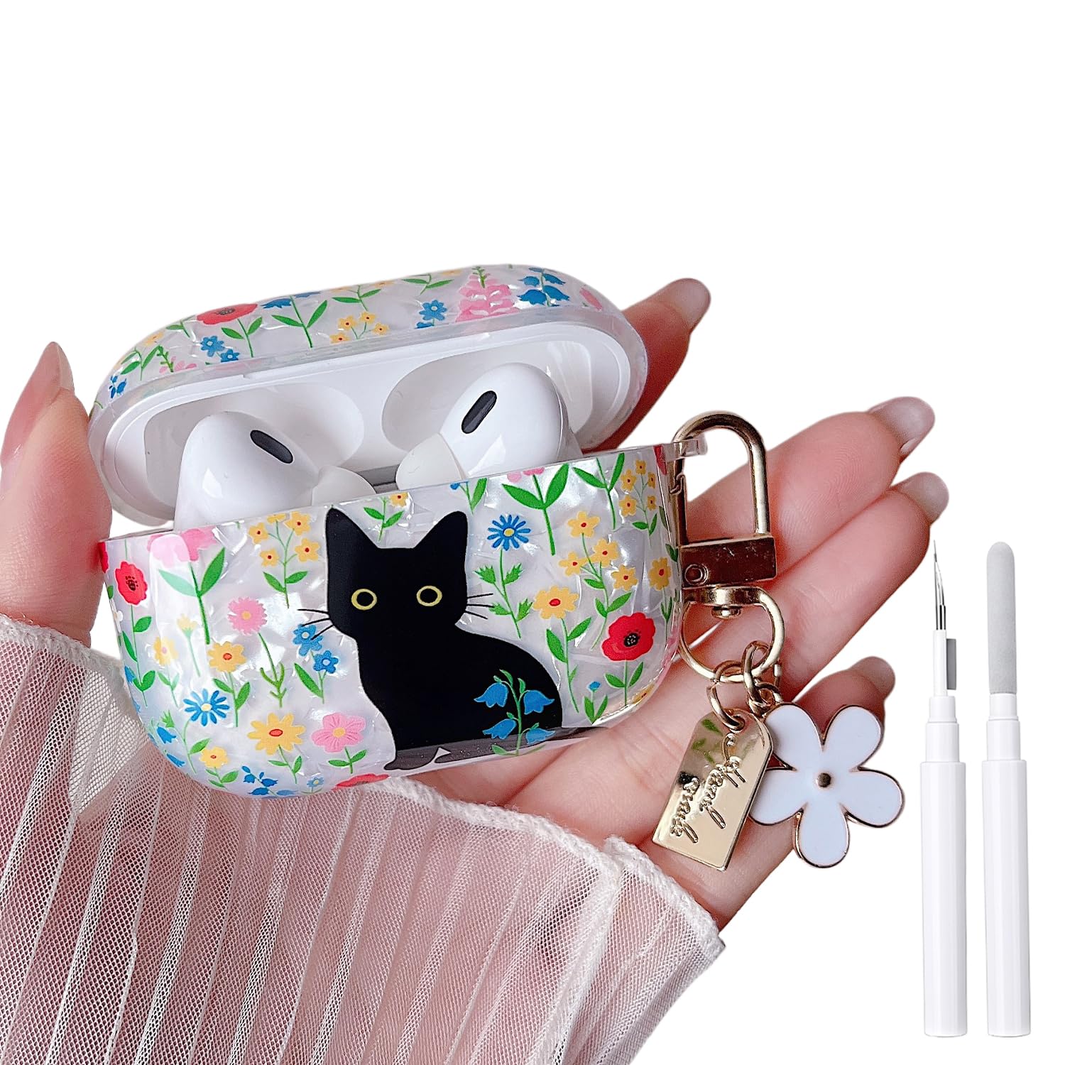 MINSCOSE for AirPods Pro 2nd/1st Generation Glitter Case,Cute Cat Flower Shell Pattern Design with Girly Keychain,Soft TPU Protective Shockproof Case with Cleaner Kit for Airpods Pro/Pro 2-Cat