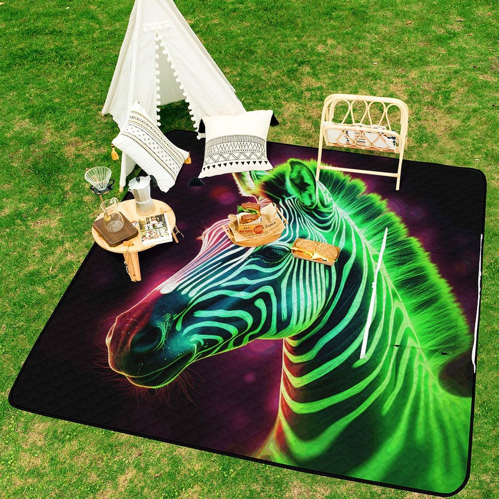 Manta de picnic de cebra brillante, lavable a máquina, 200 cm x 200 cm, extragrande, impermeable y resistente a la arena, plegable, compacta, para playa, extragrande, para exteriores, para acampar en