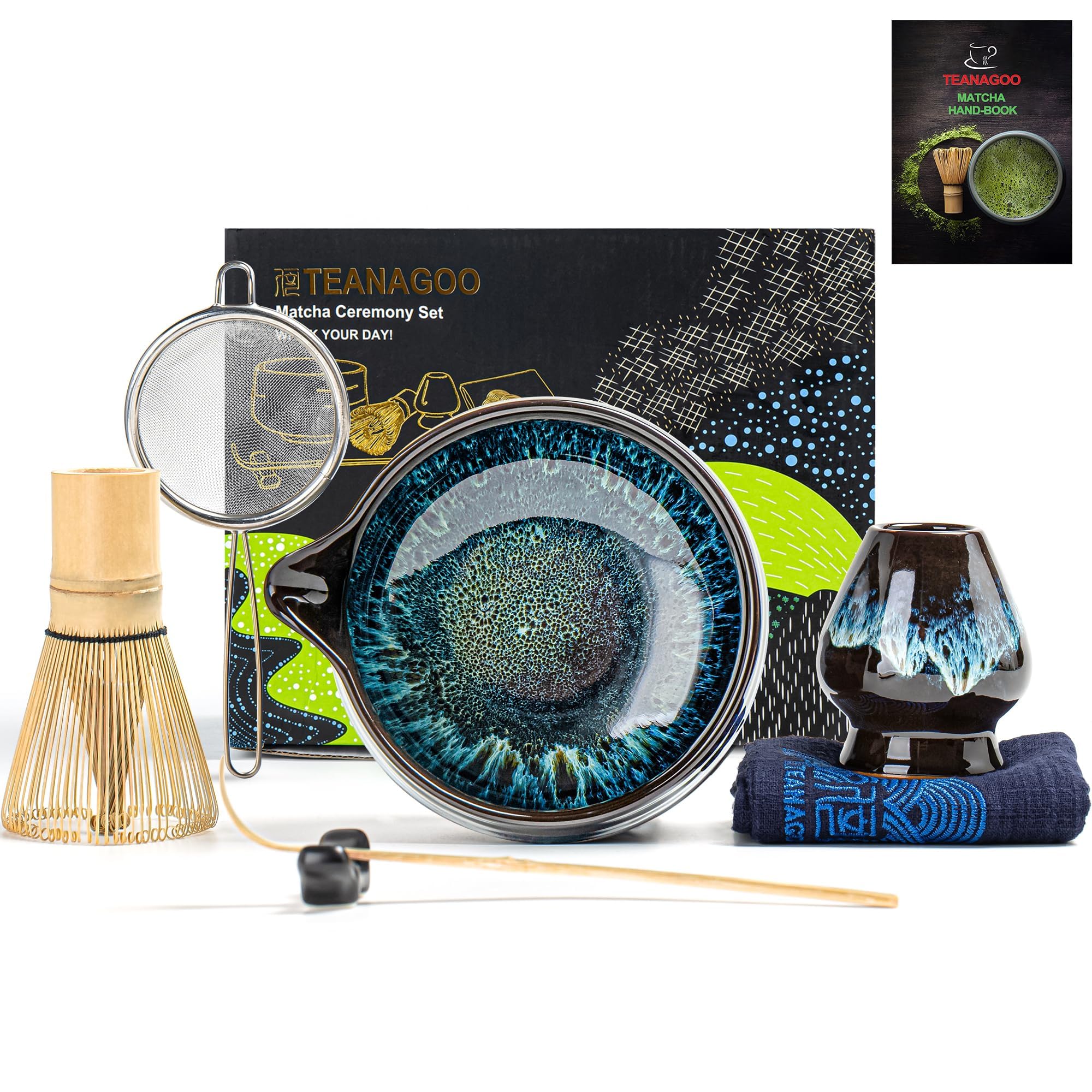 TEANAGOO Matcha Whisk Set, 7 Pcs Matcha Set Blue, Matcha Kit for Ceremony, Matcha Tea Set for Making Breakfast/Latte, Ceramic Matcha Bowl(chawan) whith Spout and Whisk, Gift for Friend/Family