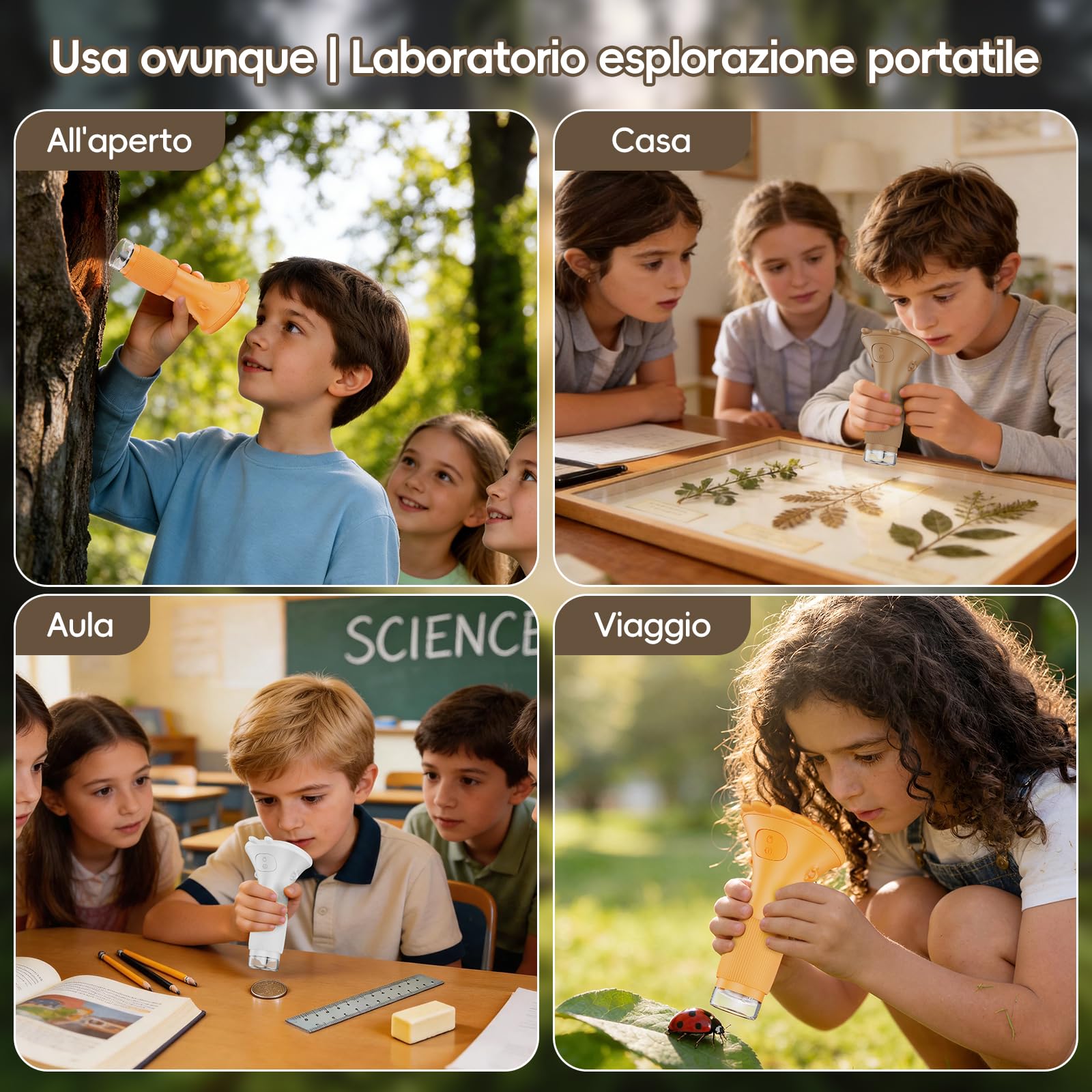 Microscopio Bambini Portable Zoom 1000X - Microscopio Digitale Mini Ricaricabile, Microscopi con Definizione 8 Luci LED Regolabili, Bambini Giocattolo Educativo, Regalo di Natale(Marrone)