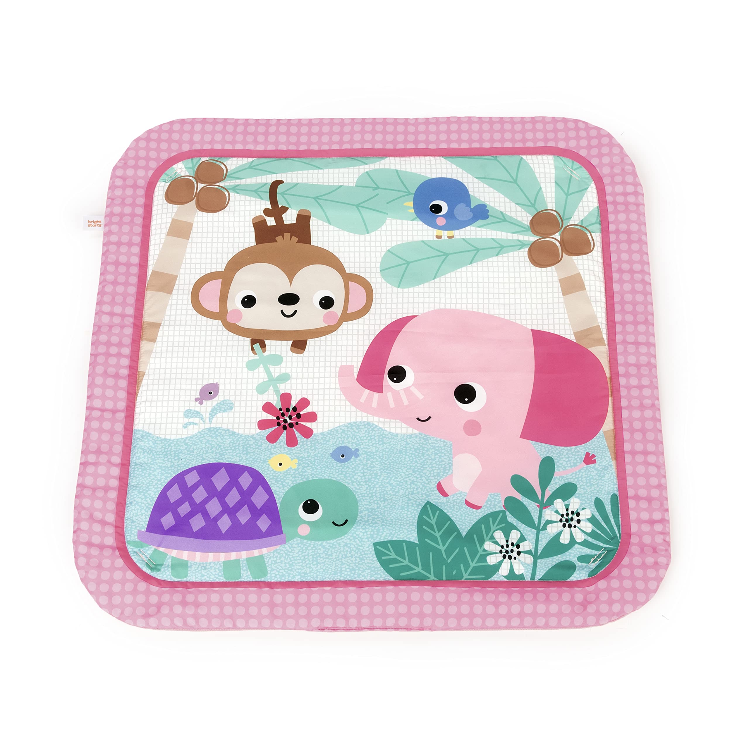 Bright Starts Kwiatowy Safari Baby Activity Gym Można prać w pralce mata do zabawy z 4 zabawkami, noworodek i więcej - różowy i fioletowy, 80 x 80 x 45 cm