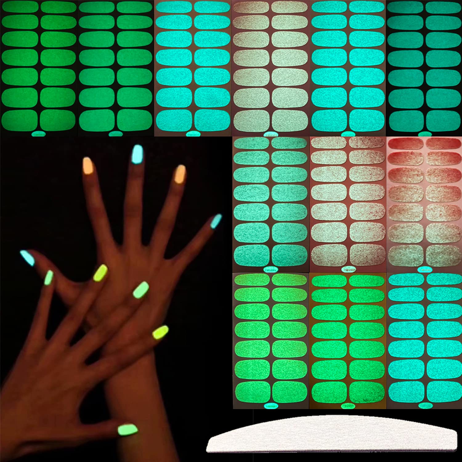 JERCLITY 12 Sheets Glow in The Dark Full Wrap Nail Polish Strips Stickers Luminous Fluorescent Bright Color Nail Decal Strips Self-Adhesive Nail DIY Decoration Kit with Nail File for Women Girls