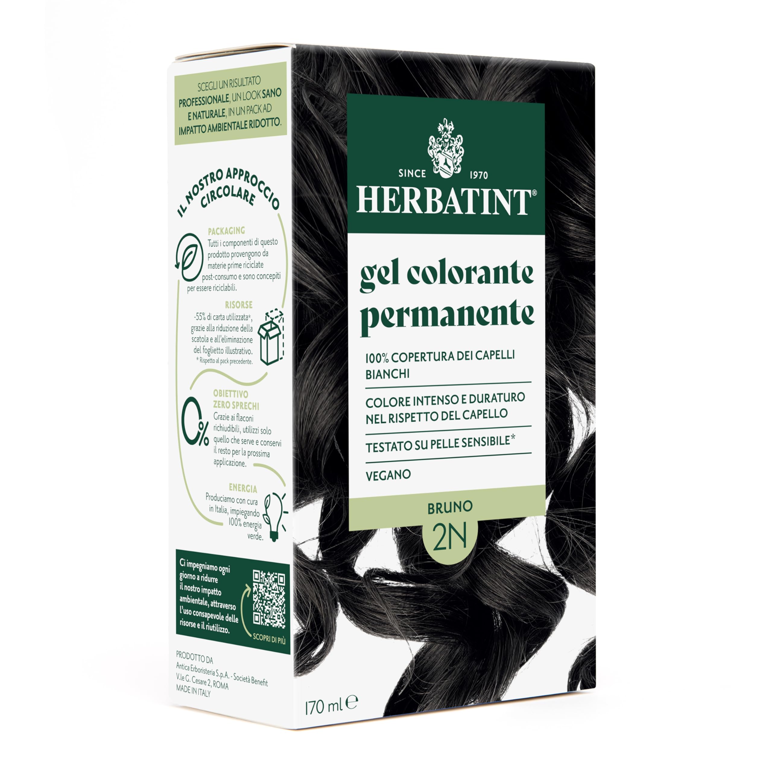 Herbatint Trwały żel do farbowania włosów 2N brązowy - 170 ml | bez amoniaku, 100% białe włosy | dla wrażliwej skóry, z 8 naturalnymi ekstraktami organicznymi