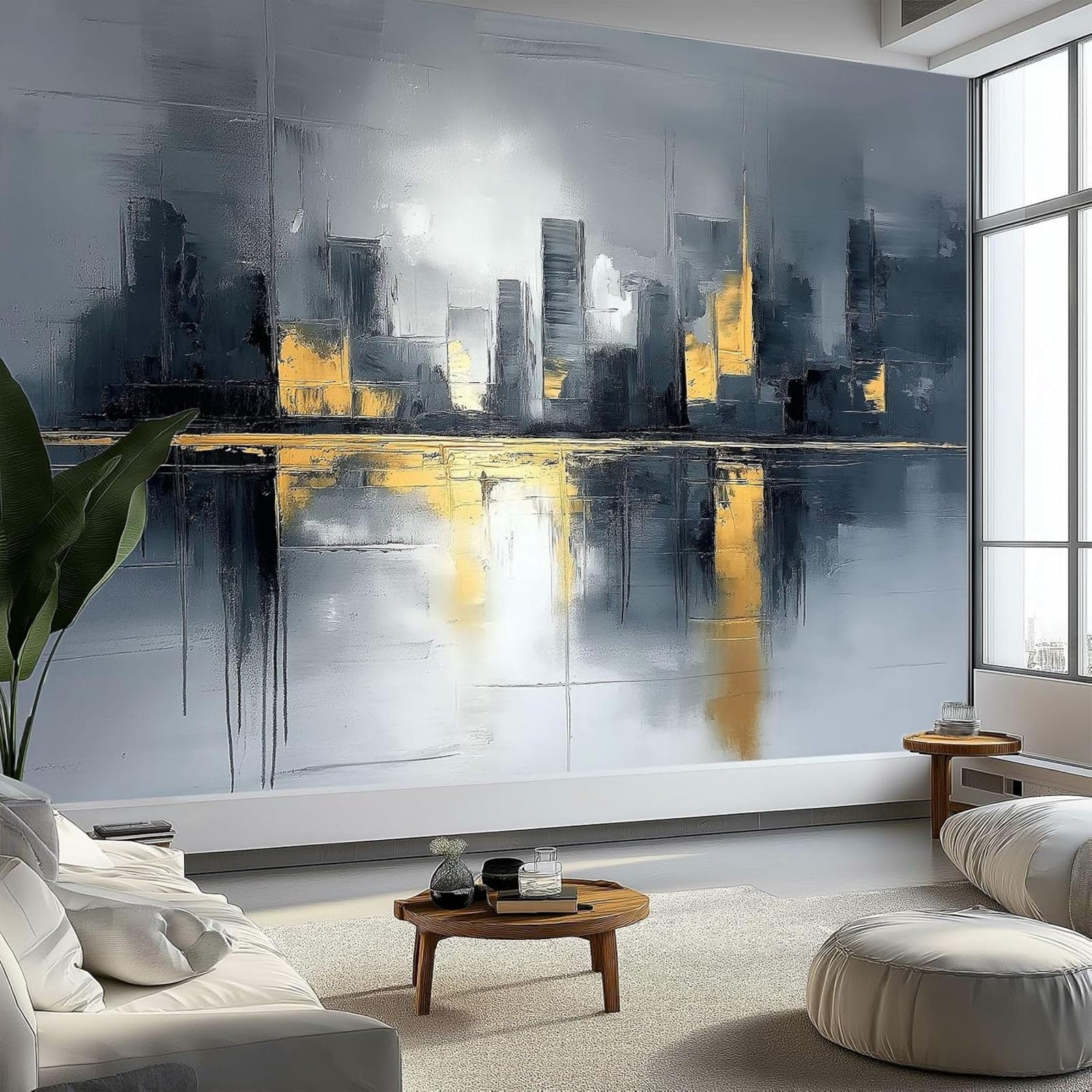 Hgjdjhnf 3D Mural Abstract Black And White City Illustration Wallpaper, Photo Wallpaper, Wall Decoration, Wall Covering, Decoration For Study, Living Room, Restaurant, Cafe, Cream Color, 150Cm X 105Cm