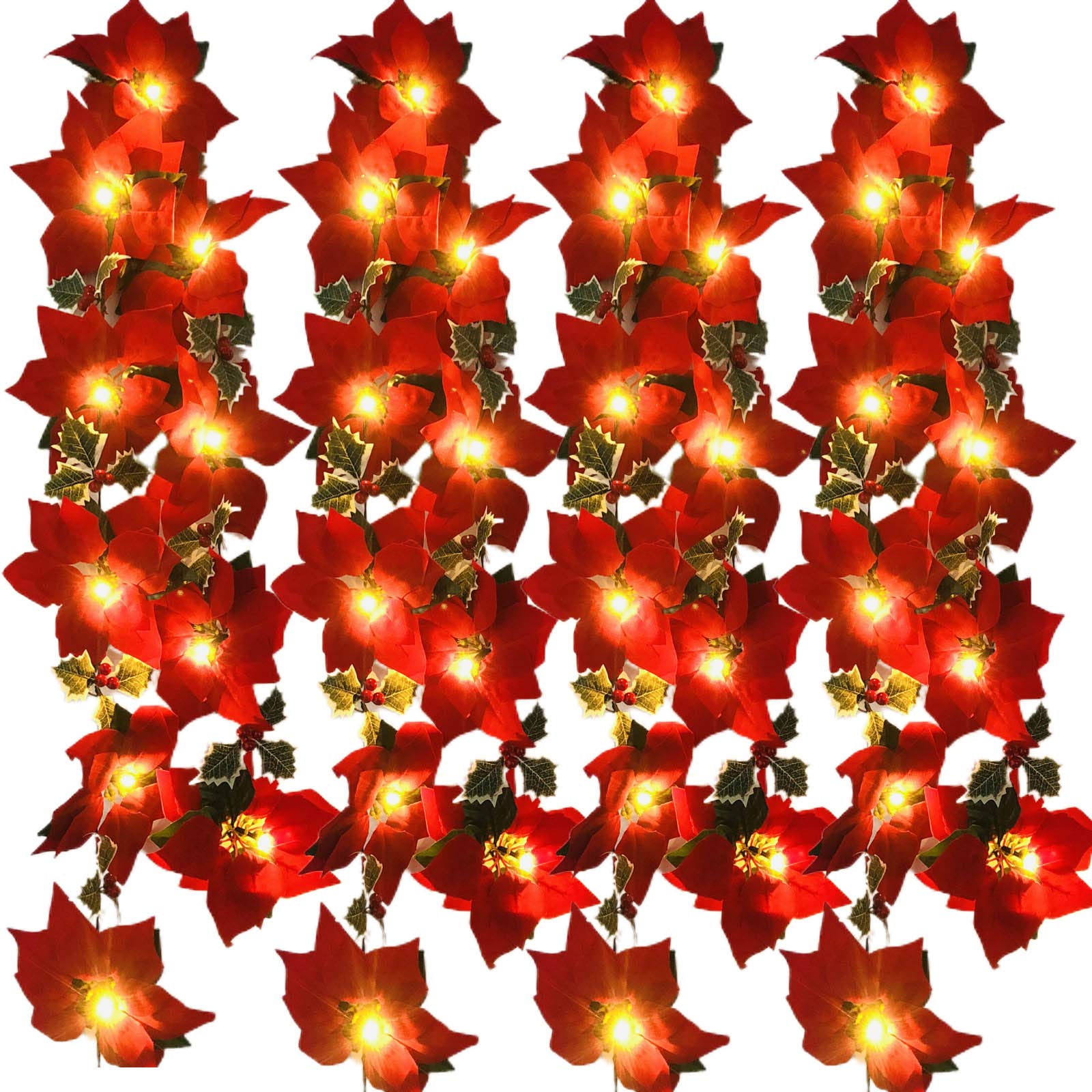 Künstliche Weihnachtsstern Lichtschnur 40LED Rote Beeren Ahornblatt Rebe Fee Girlande Licht Blumenpflanze Weinkranz Lampe Batterie Angetrieben(Rot Poinsettia-LED, 4 Sätze)