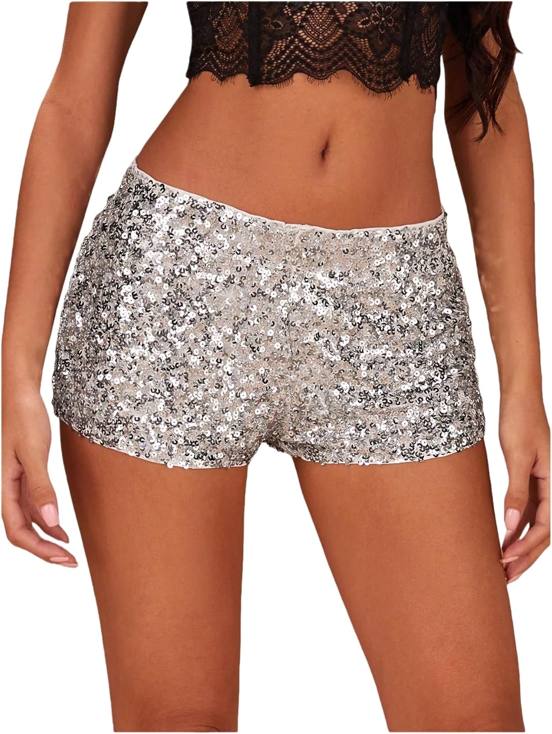 SHENHE Women's Sparkly Sequin Shorts Sexy Low Rise Y2k Glitter Rave Micro Shorts Hot Pants