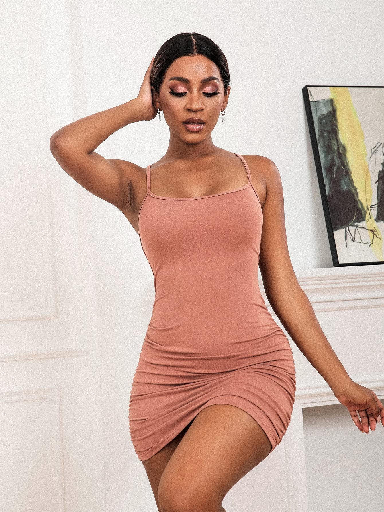 ANHCRA Semi Formal Dresses Lace-up Open Back Ruched Bodycon Dress (Color :  Coral Pink, Size : S) : Buy Online at Best Price in KSA