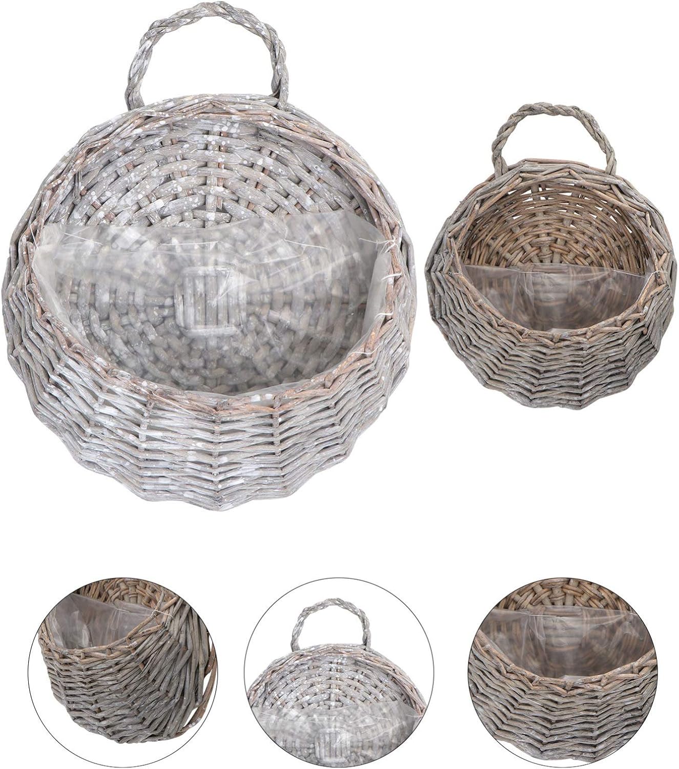 Wicker Hanging Basket Set 2 Pcs Handmade Wall-Mounted Planters for Indoor Outdoor Use Grey Willow Style Storage and Flowerpot