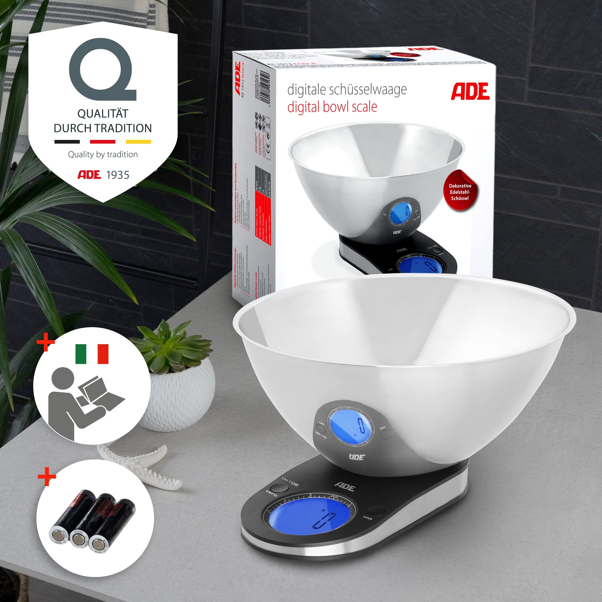 ADE Bilancia da Cucina Digitale con Vasca - Bilancia da Cucina Tosca | Bilancia Elettronica con Vasca Inox Estraibile | 5 kg Acciaio inox