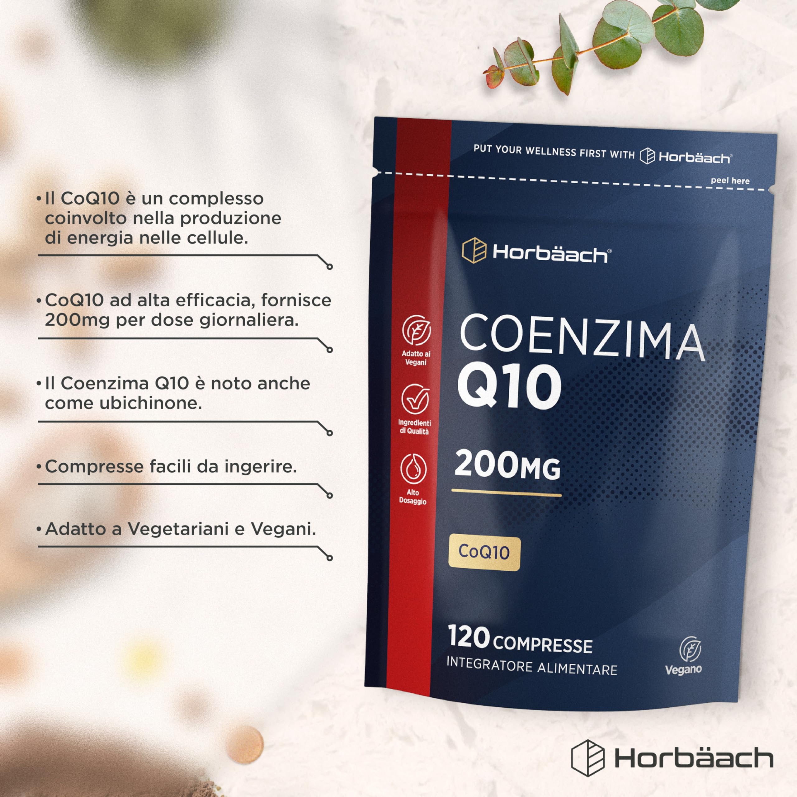 Coenzima Q10 200mg | CoQ10 200mg | 120 compresse | Adatto a vegetariani e vegani | Horbaach
