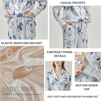 Silk Satin Pajamas Set for Women Button Down 2 Piece Pjs Long Sleeve Oversized Sleepwear with Pockets