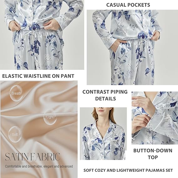 Silk Satin Pajamas Set for Women Button Down 2 Piece Pjs Long Sleeve Oversized Sleepwear with Pockets