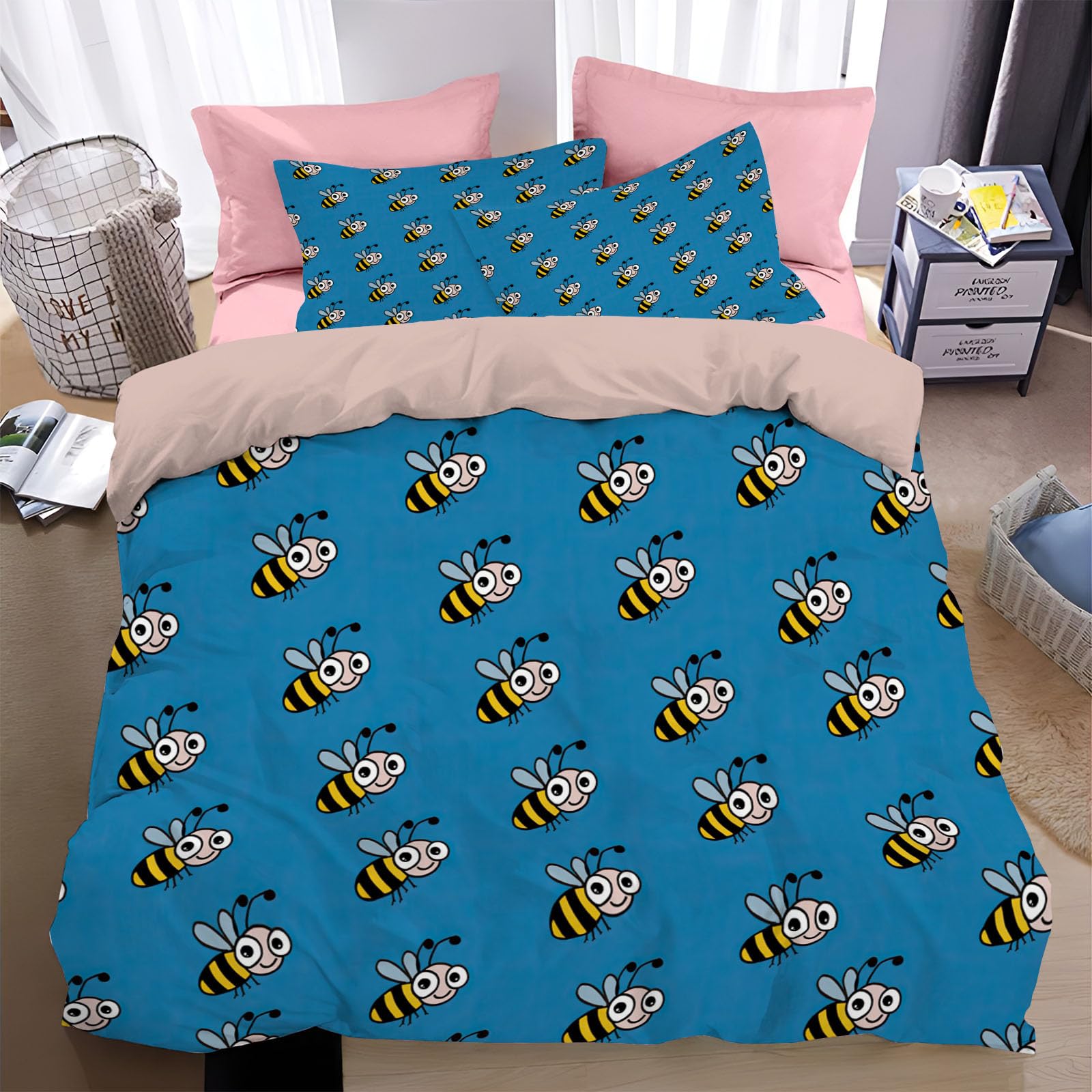 Parure de lit 2 personnes 240x260 cm avec housse de couette abeille dessin animé en microfibre