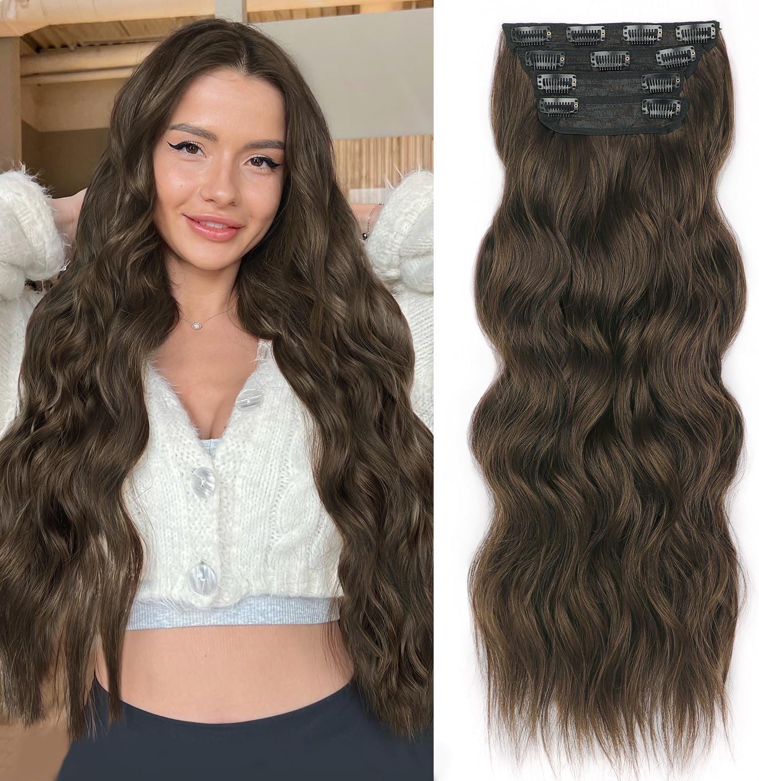 ALXNAN Clip in Hair Extensions for Women,Chocolate Brown with Dark Brown Long Wavy Hair Extensions Clip Ins 4PCS 24 Inch Synthetic Soft and Natural Thick Hair Pieces for Women