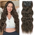 ALXNAN Clip in Hair Extensions for Women,Chocolate Brown with Dark Brown Long Wavy Hair Extensions Clip Ins 4PCS 24 Inch Synthetic Soft and Natural Thick Hair Pieces for Women