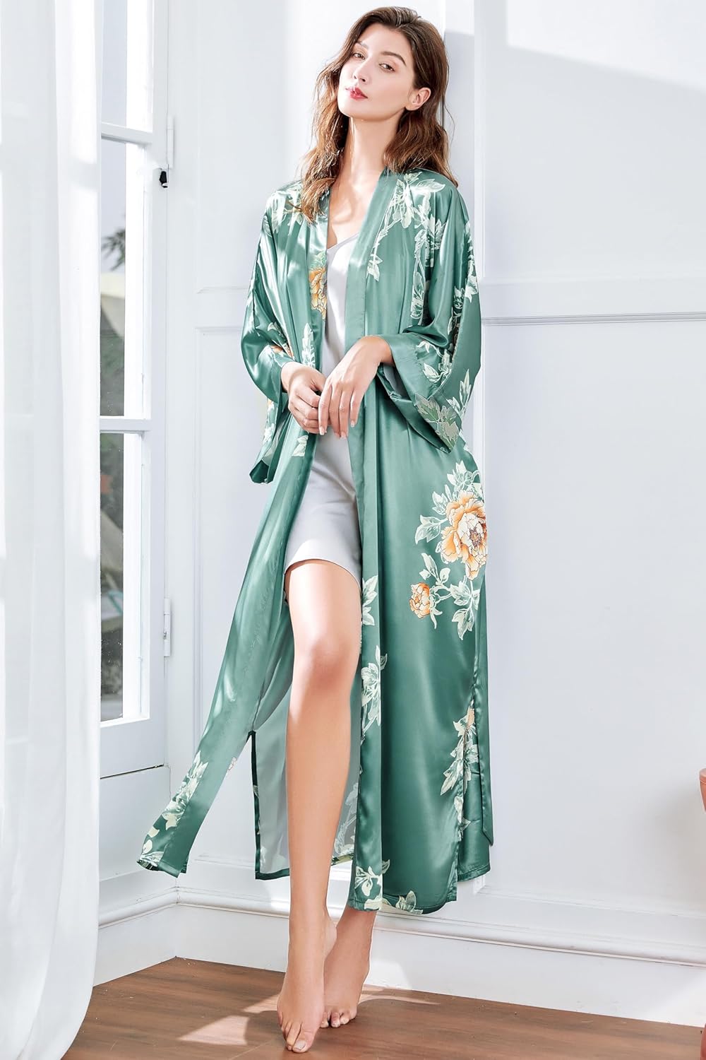BABEYOND Floral Kimono Robe Satin Silk Wedding Robe 1920s Kimono Nightgown Sleepwear 53 Inches Long - Image 4