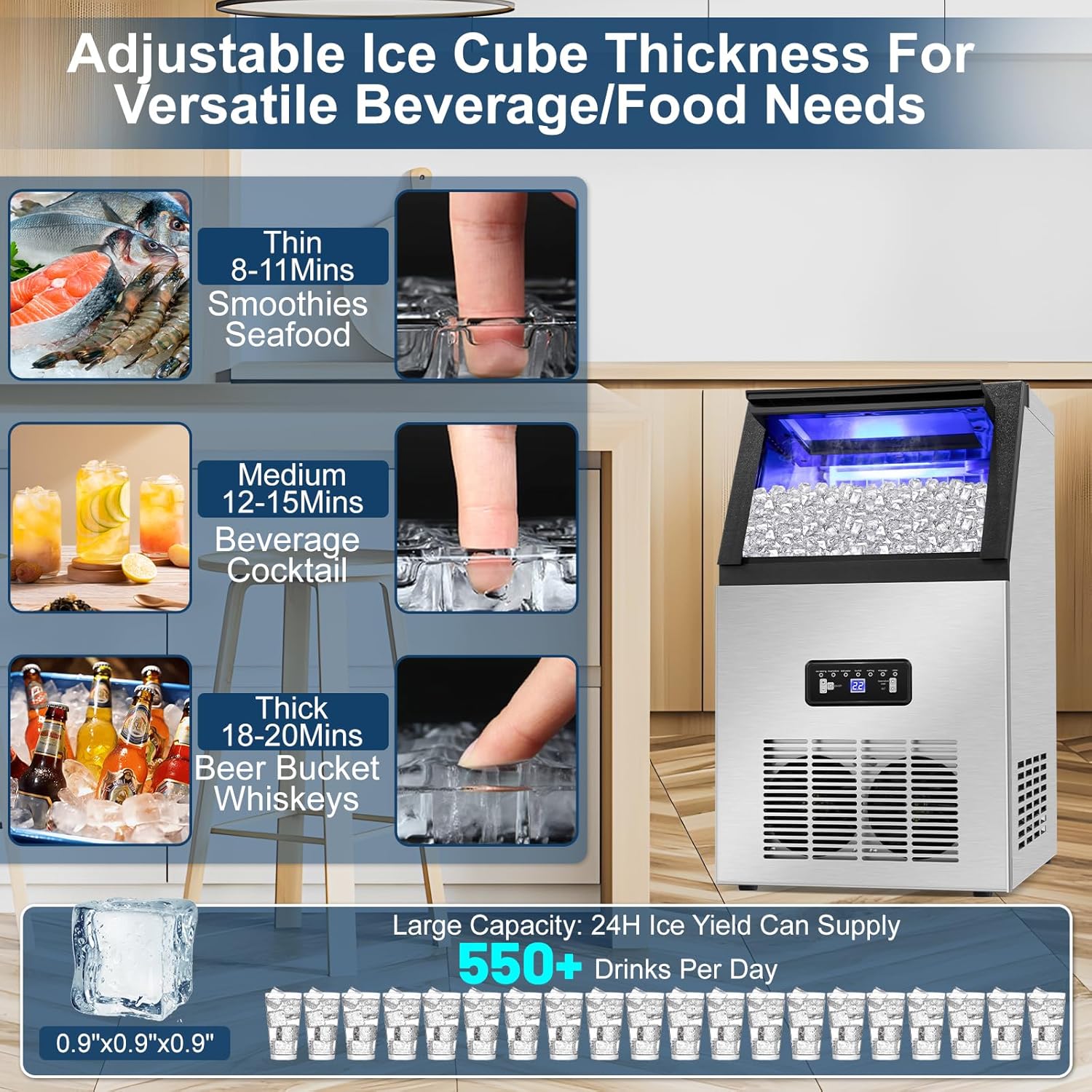 Diagram showing three ice cube thickness options: thin, medium, and thick, with corresponding ice-making times and suggested uses.