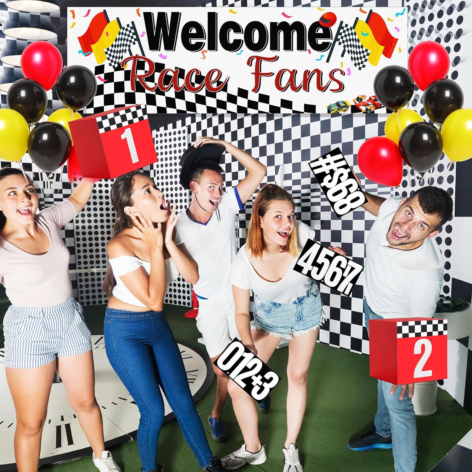JellyArch 70 Pcs Racing Car Party Decoration, Large Racing Checkered Boxes with Balloons Sticker Banner for Race Car Birthday Party Favors Supplies Truck Theme Race Car Podium Centerpiece Decoration