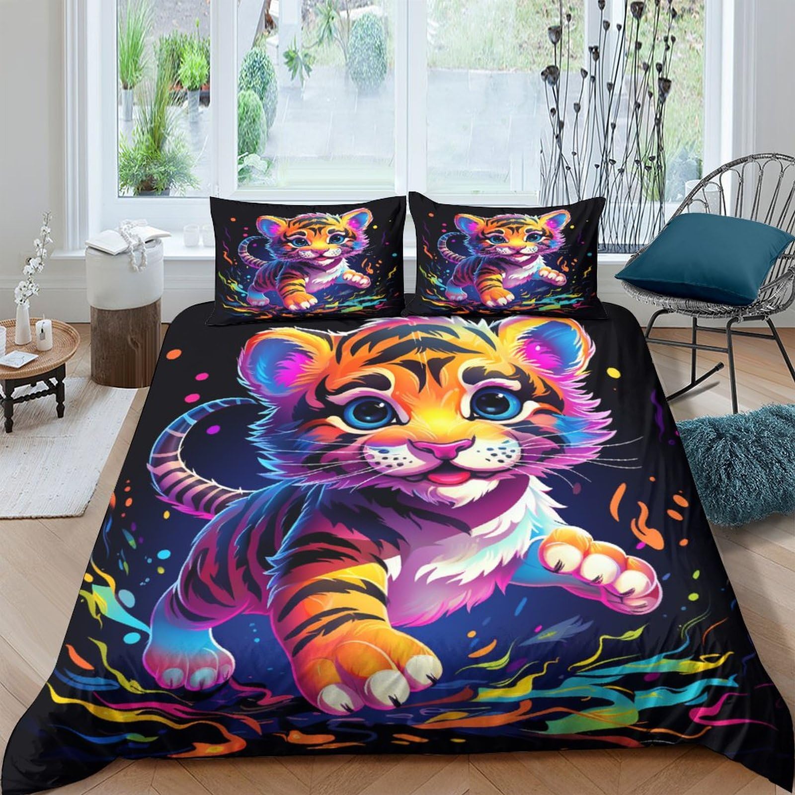 Parure de lit tigre 3D 200x200 cm en microfibre avec housse et taies