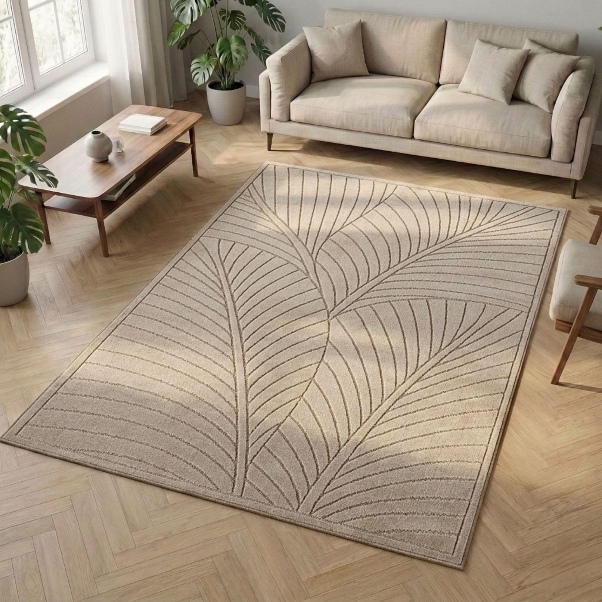 Carpetsale24 Kurzflor Teppich Beige Wohnzimmer Schlafzimmer 3D Hoch-Tief-Effekt, Skandinavisch Boho Motiv, für Outdoor Bereich geeignet Terrassen oder im Balkon
