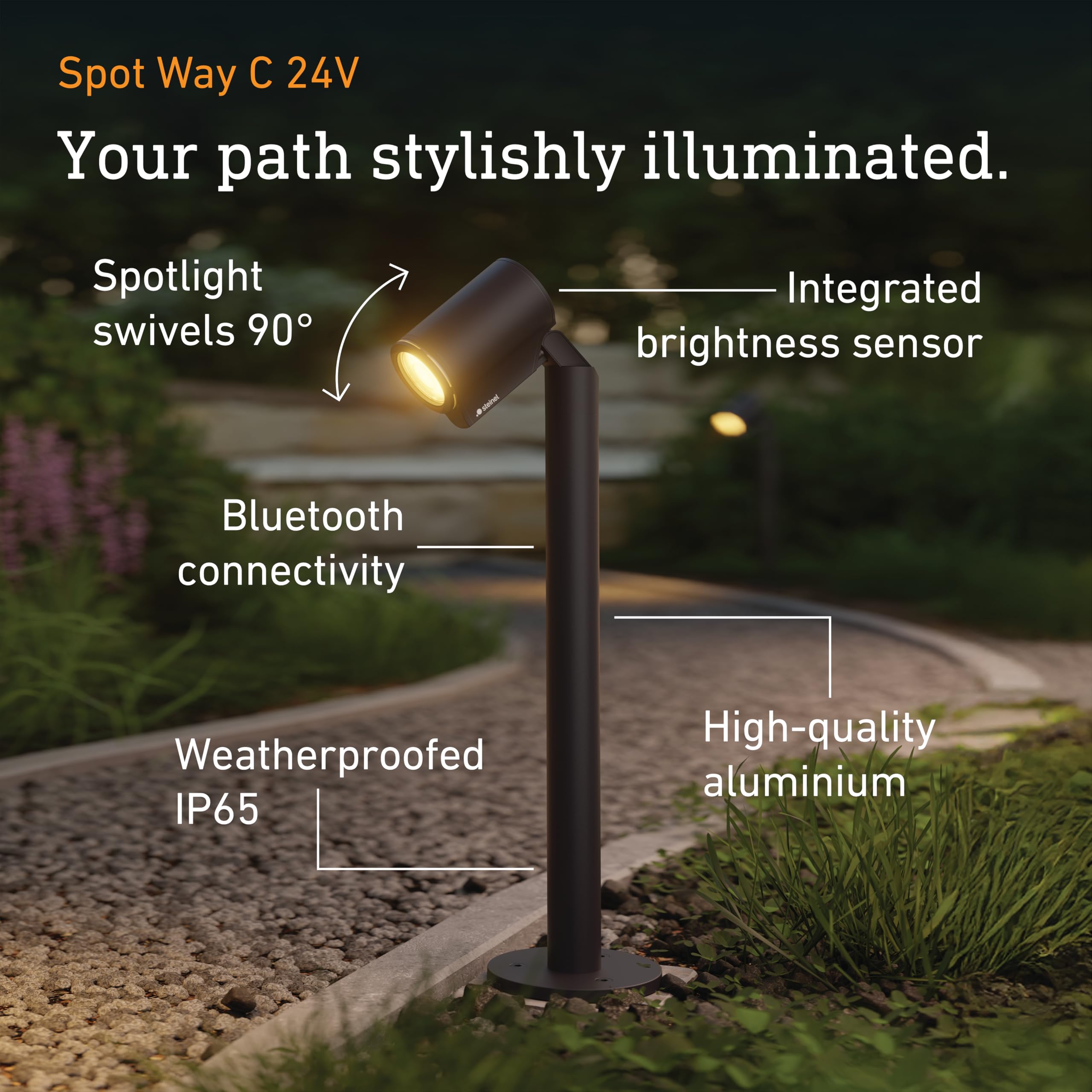 Steinel Zewnętrzna lampa słupkowa Spot Way C 24 V, RGBWW, 16 mln kolorów, czujnik zmierzchu, ściemnialny LED-reflektor ogrodowy, sterowanie aplikacji, Plug & Play, IP65