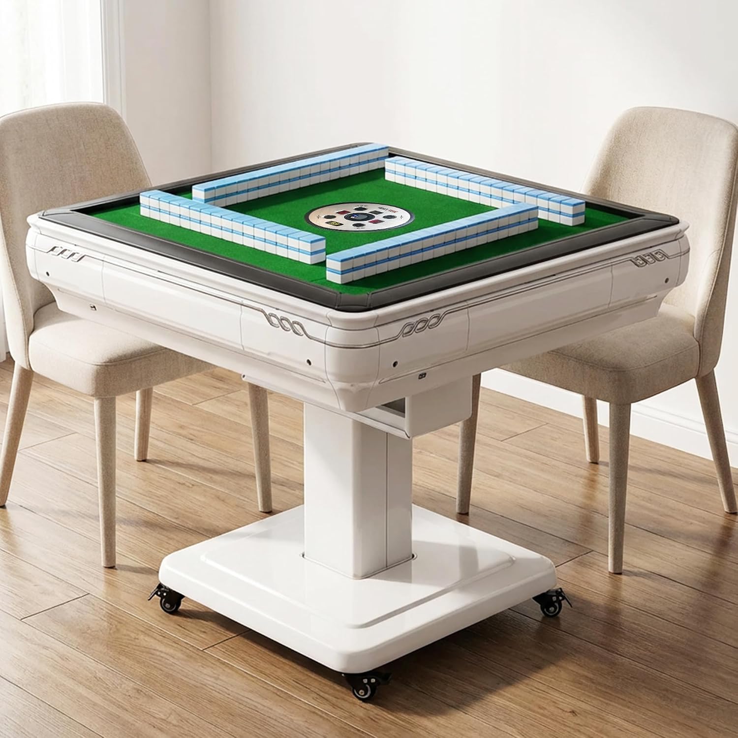 Foldable Automatic Mahjong Table with Wheels, 2 Sets 42mm 144pcs No Numbered Tiles, Mahjong Table Quiet Shuffling & Built-in Storage & USB &Cup, Phone Holder, Electronic Mahjong Table with Dust Cover