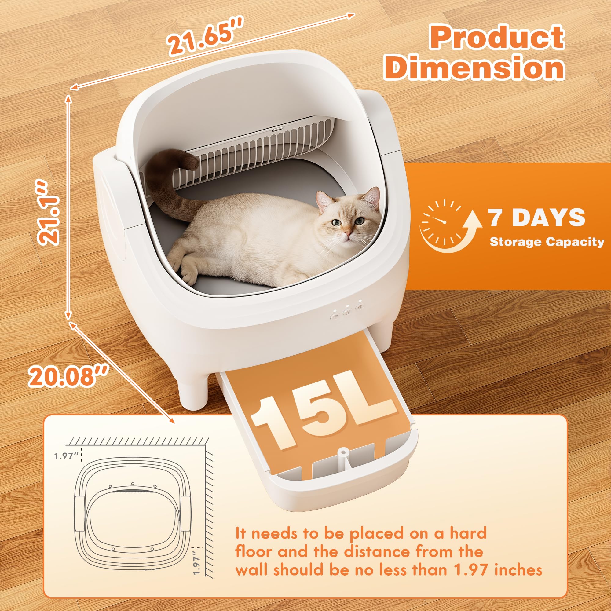 Greesum Self Cleaning Cat Litter Box – Automatic Open-Top Smart Litter Box with App Control, 15L Odor-Sealed Waste Bin, Ultra Quiet 35dB, Multi-Cat & Large Cat Compatible, with Trash Bags & Mat - image 4