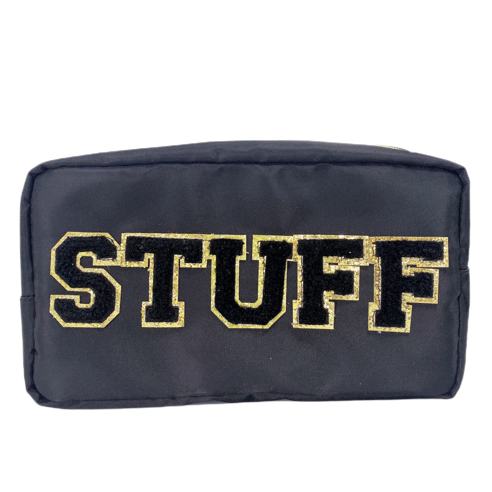 ACAMAL Nylon Cosmetic Bag with Varsity Chenille Letter Patch Makeup Pouch Bag Bridesmaid Gift Toiletry Bag For Travel, Black-STUFF