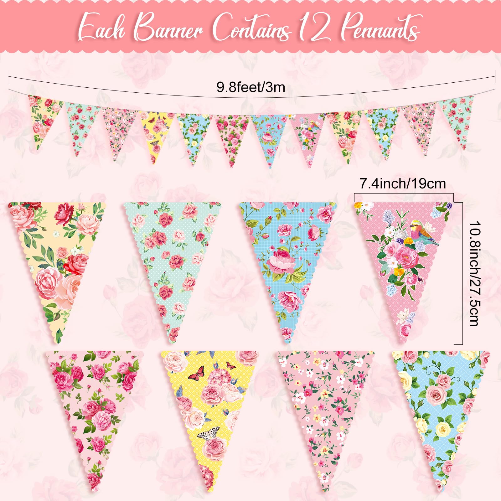 Faccito 49 Ft 60 Pcs Tea Floral Party Paper Bunting Decor Outdoor Bunting Banner Floral Pennant Wildflower Garland Tea Party Birthday Supplies for Wonderland Garden Baby Shower Bridal Wedding Bedroom