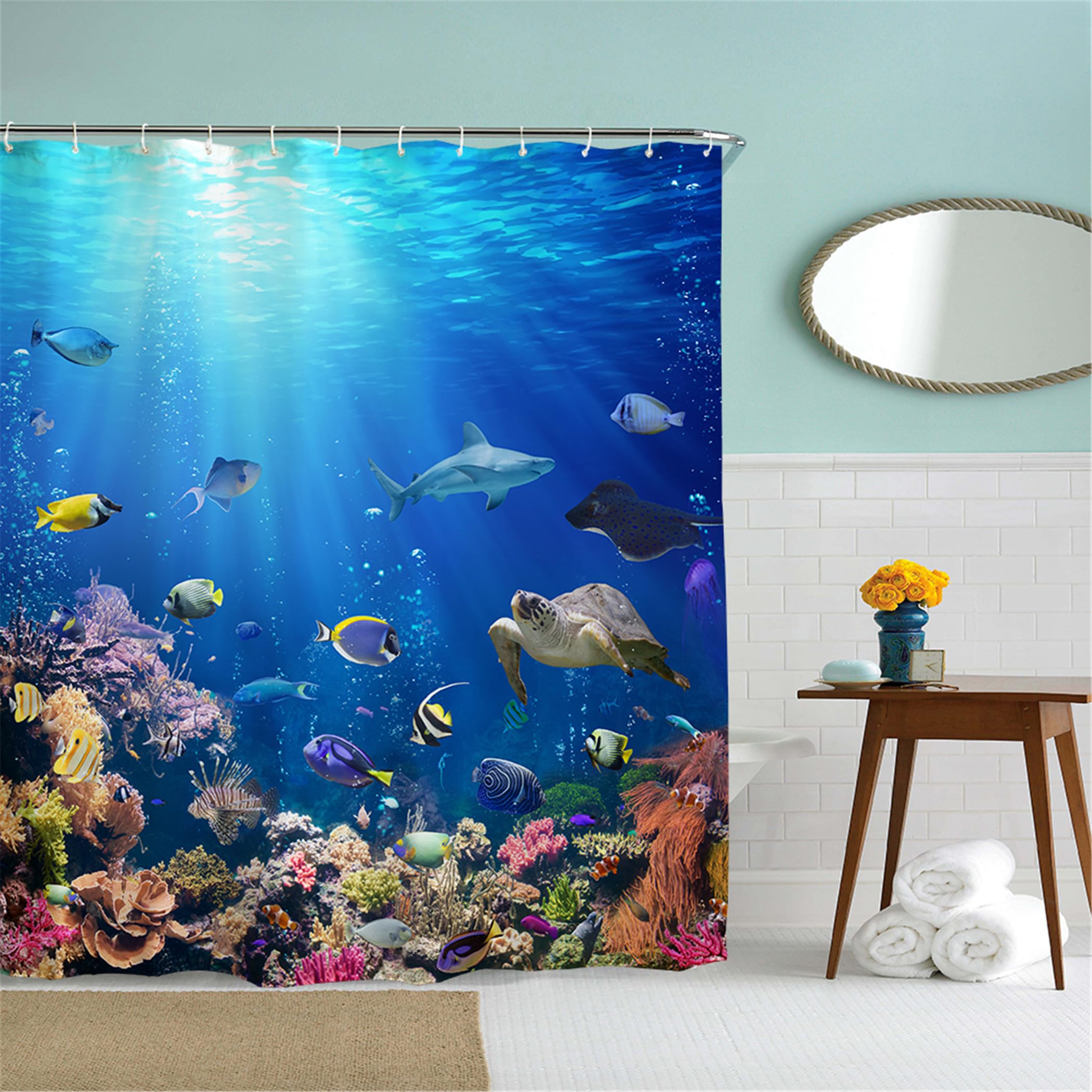 Tenda da doccia extra larga 240x180 cm, mondo sottomarino oceanico, pesci tropicali, antimuffa, tessuto impermeabile, tende da bagno per bagno con 18 ganci, blu brillante,