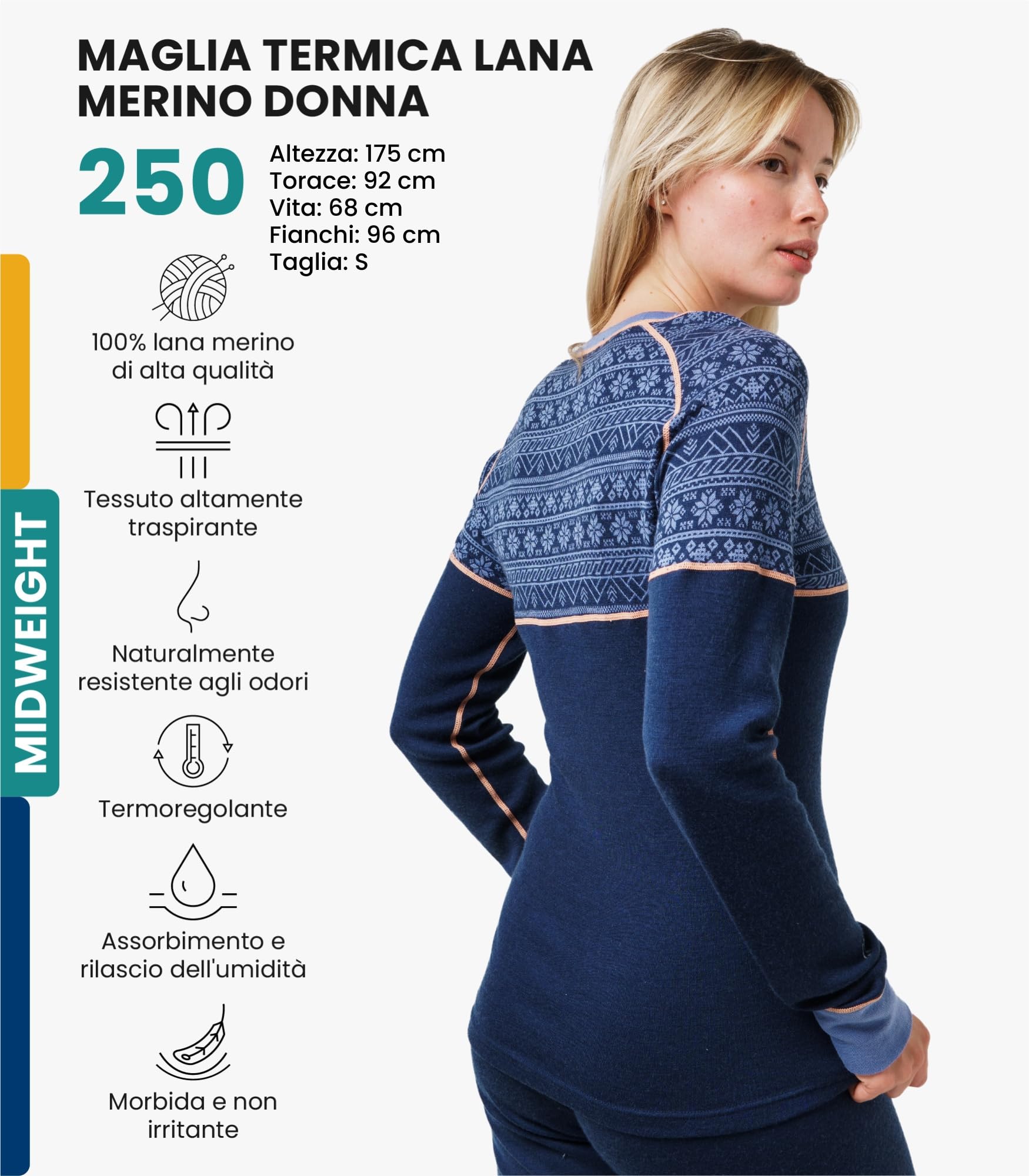 Merino.tech Maglia Termica Donna Lana Merinos - 100% Lana Merino Intimo Donna Leggero, Medio, Pesante con Calzini