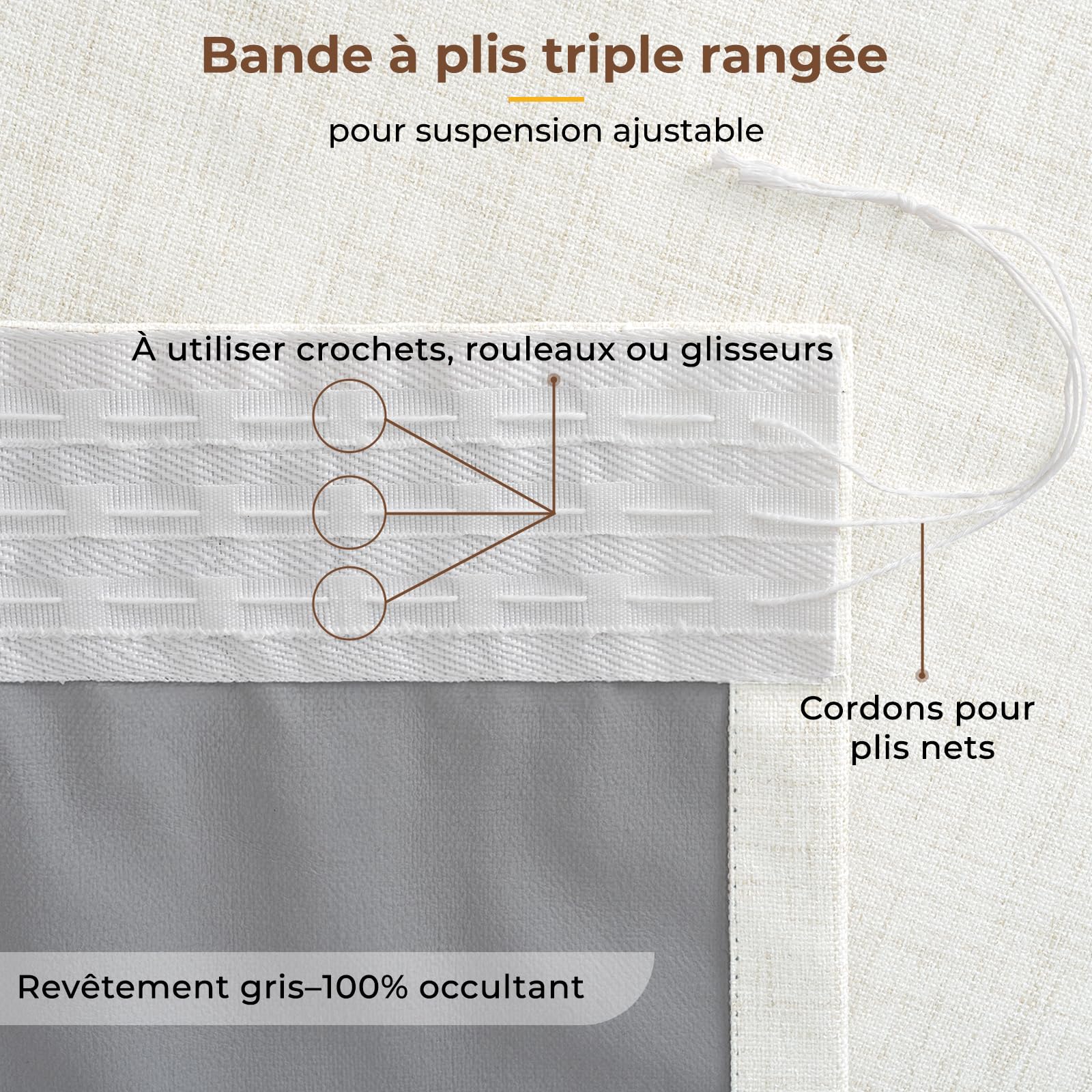 INOVADAY 100% Rideau Occultant Thermique 140 x 245 cm Lot de 2, Beige | Rideau Galon Fronceur pour Salon et Chambre, Isolant Anti Froid et Chaleur, Réduction du Bruit, Suspension Flexible, OEKO