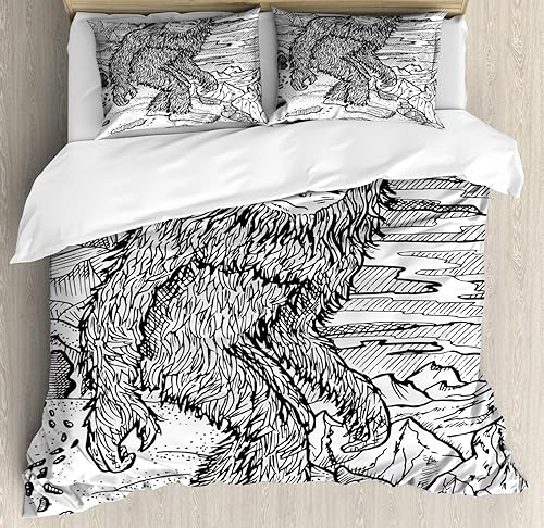 Ambesonne Bigfoot - Juego de funda de edredón, diseño de muñeco de nieve en las colinas dejando huellas detrás de él, juego de cama decorativo de 3