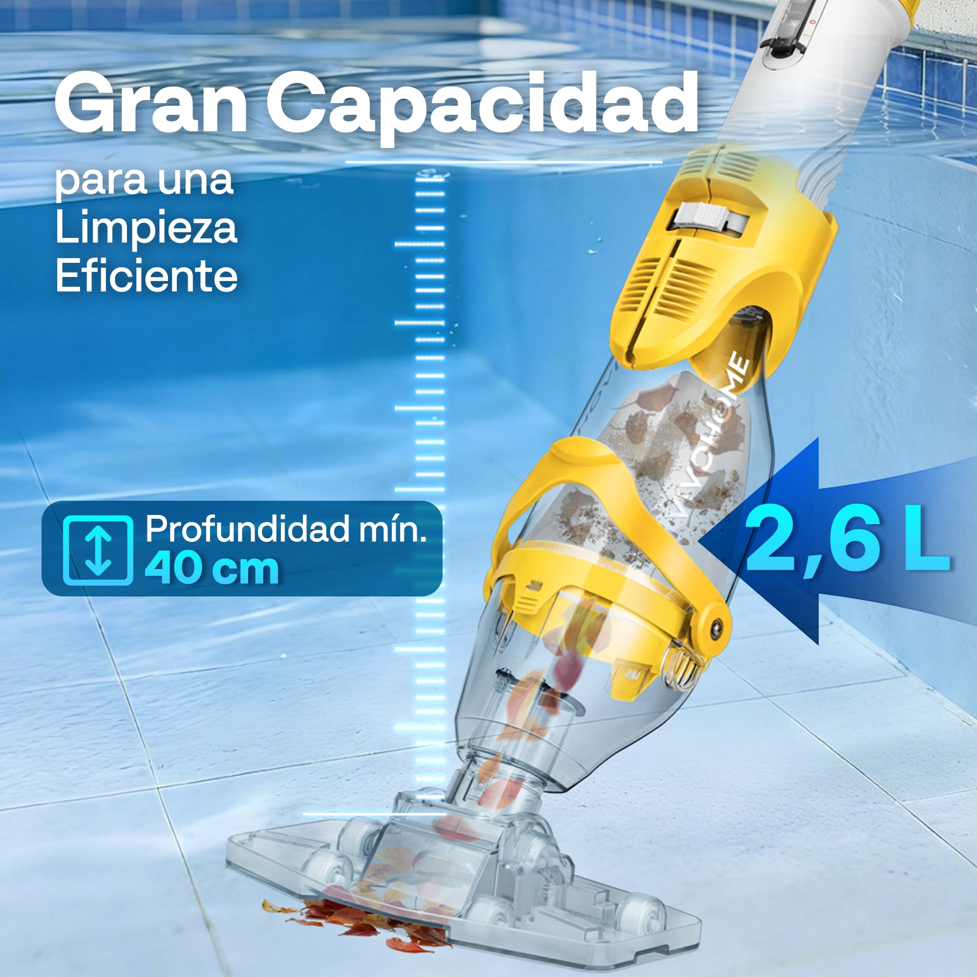 VIVOHOME 4300LPH Limpiafondos de Piscina con Indicador de Batería, Aspiradoras de Mano para Piscinas con Aluminio Extraíbles de 250cm para Jacuzzi, SPA, Piscina