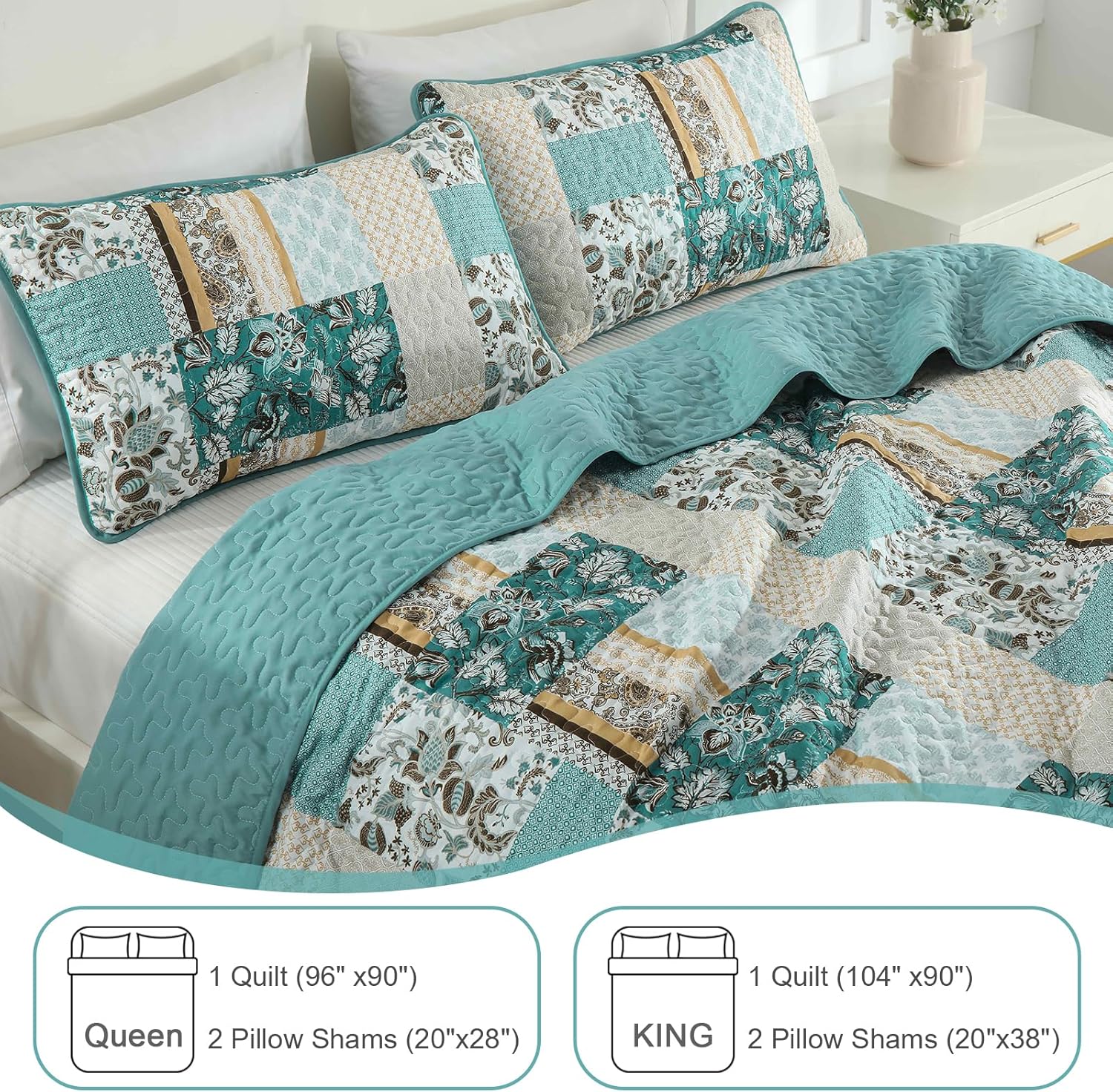 WONGS BEDDING Summer Quilt Set Queen Size 3 Pieces, Teal Patchwork Plaid Bedspread Coverlet Set, Floral Soft Lightweight Microfiber Bedding Set for All Season(96"×90“) - Image 7