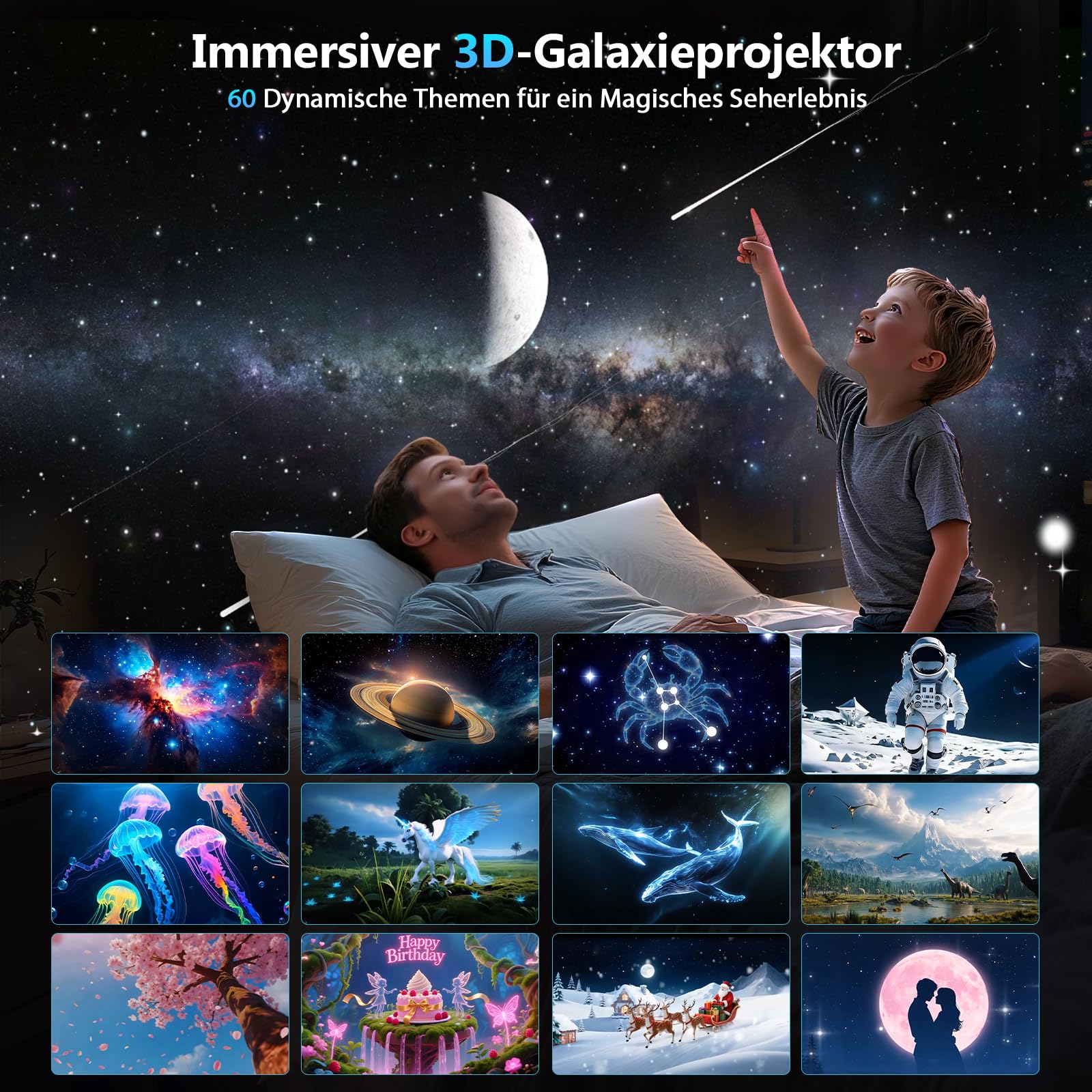 3D Galaxy Projektor, HD Sternenhimmel Projektor mit Bluetooth-Lautsprecher, 60 3D-Themen, Helligkeitsregelung, 1/2/4H Timer, LED Nachtlicht für Kinderzimmer & Erwachsene, Geschenk (Weiß)