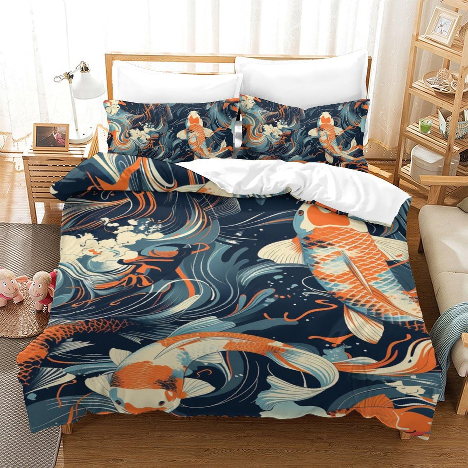 Housse de couette carpe koï 140x200 fermeture éclair pour lit simple sans boutons