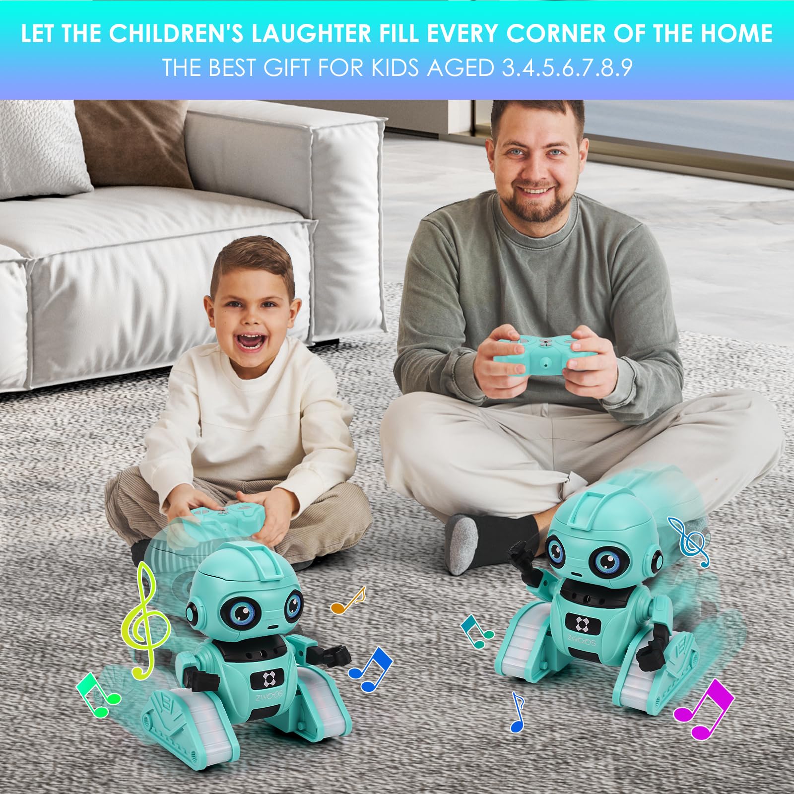 ZWOOS Robot Bambini, Ricaricabile Robot Telecomandato con Occhi a LED e Musica, 2,4 GHz & Controllo Gestuale, Robot Giocattolo Bambini per 4 5 6 7 8 anni-Regali di compleanno e Natale