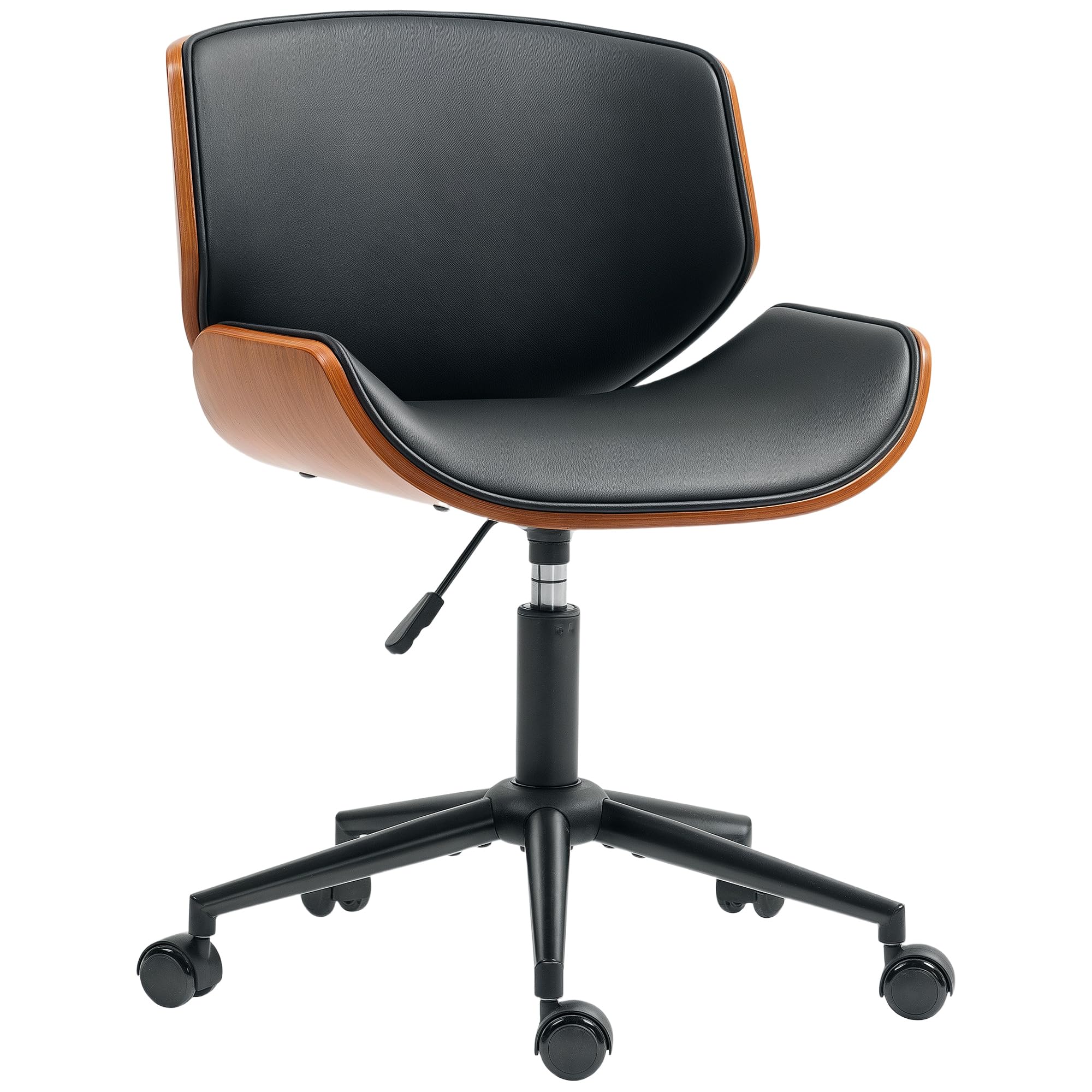HOMCOM Silla de Oficina sin Brazos Silla de Escritorio Vintage Giratoria Tapizada en PU Madera Curvada Altura Ajustable Respaldo Curvado Negro y Marrón