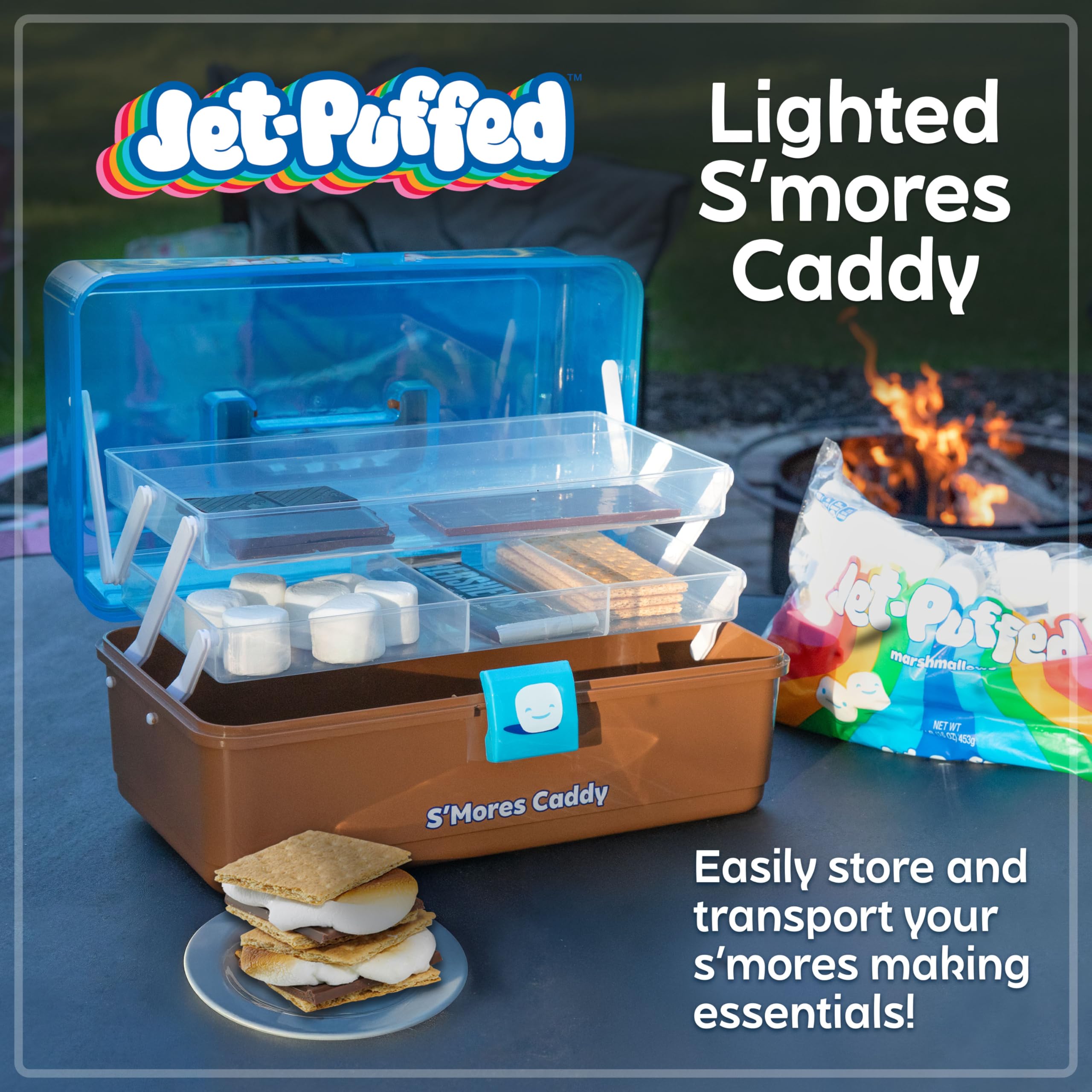 Nostalgia Jet-Puffed Lighted S’mores Caddy, Essential Marshmallow Roasting and S’mores Making Supplies for Camping, Vacation, and Backyard Bonfires, Carry Handle, Retractable Trays, and Carry Handle